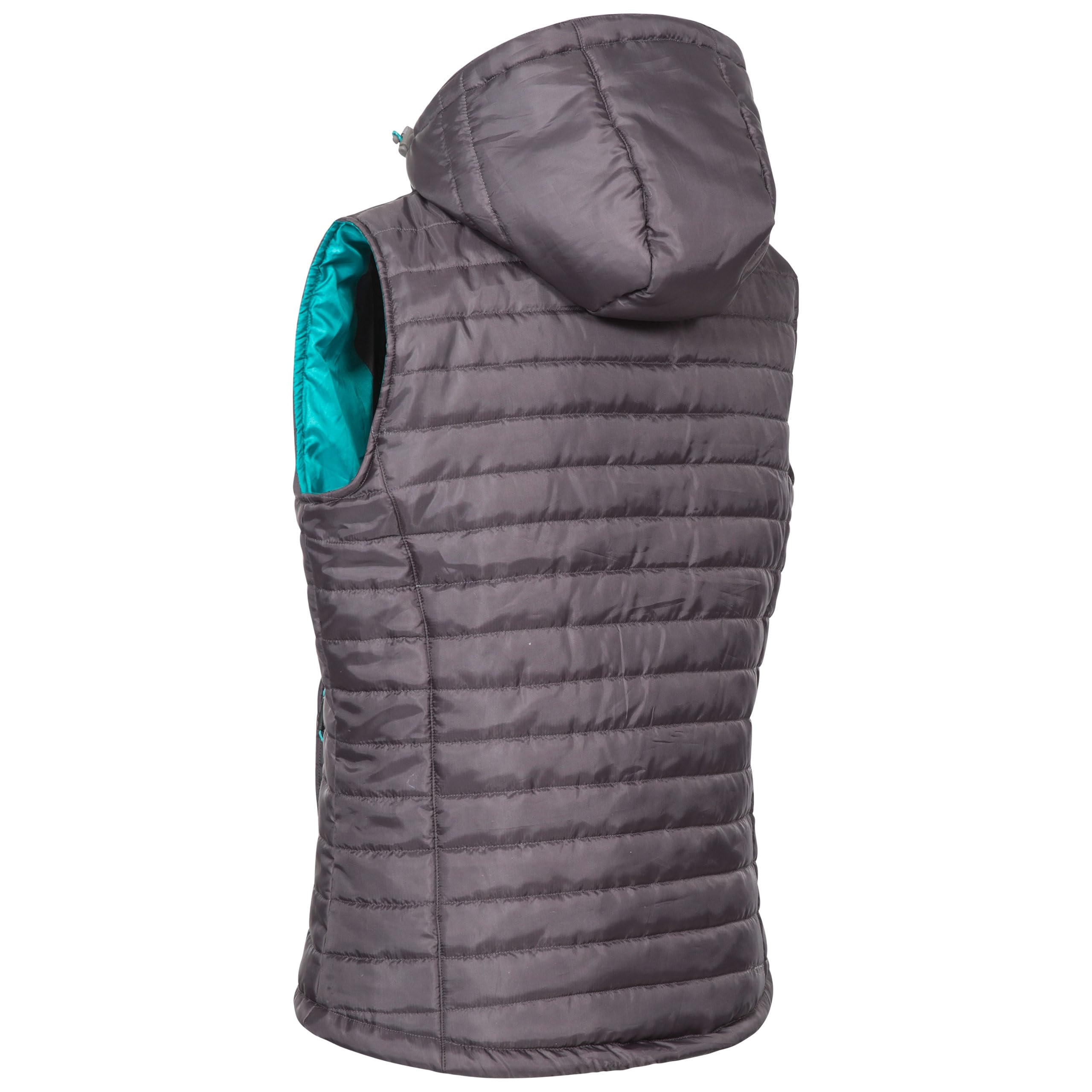 Trespass Gilet Femme Aretha-2 - Poches Zippées Discrètes, Réglages Bas, Rabat Intérieur, Légère Ouate, Coutures Matelassées, Doublure Contrastée, Capuche Amovible.