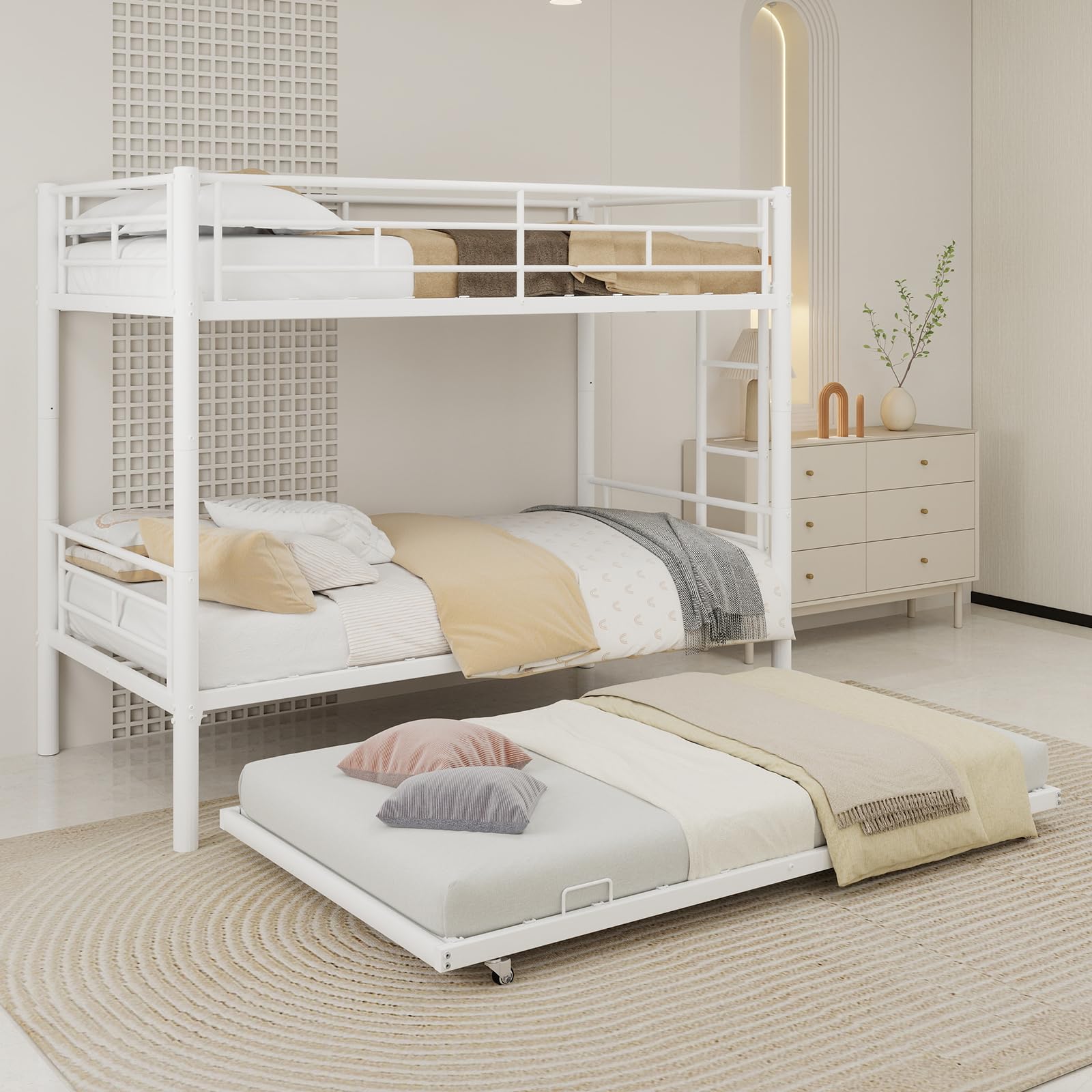 Lit Superposé Enfant avec Lit gigogne, Lit Enfant avec Échelle et Barrière de Sécurité, Convertible en 3 lit Simple - Structure Robuste, Pas Besoin de Sommier, pour garçon et Fille (Blanc)