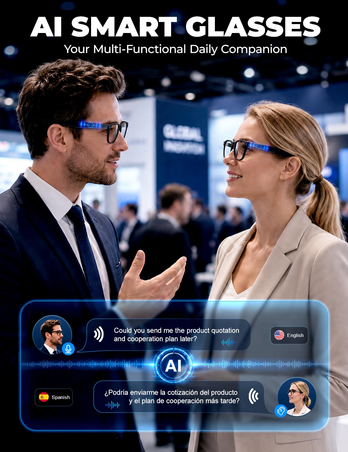Lunettes intelligentes AI, enregistrement vidéo HD 4K et lunettes de sport Bluetooth