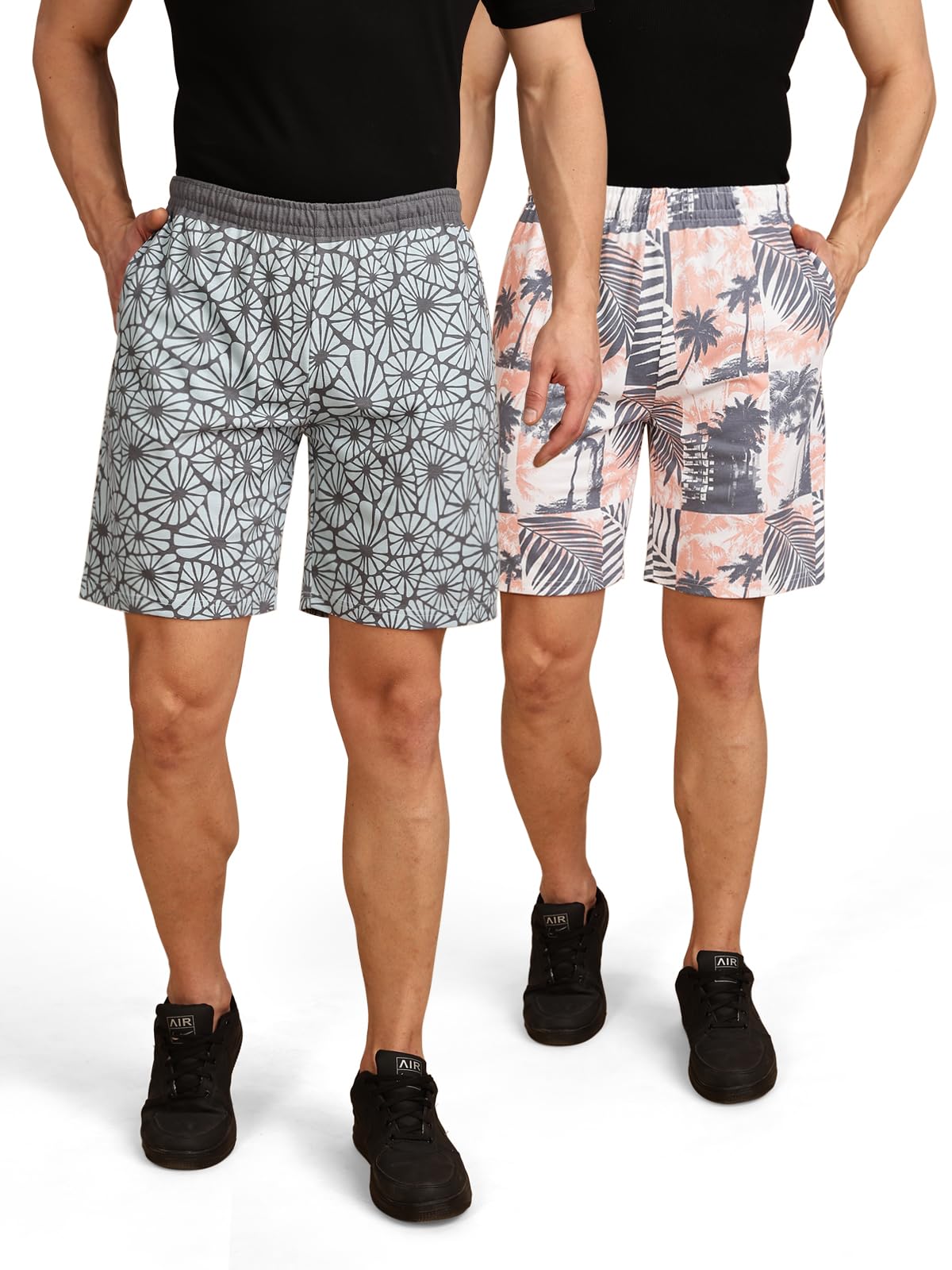 BULLMER Regular Fit Cotton Blend Summer Shorts for Men - Pack of 2 | Printed Shorts for Men Blue/Grey