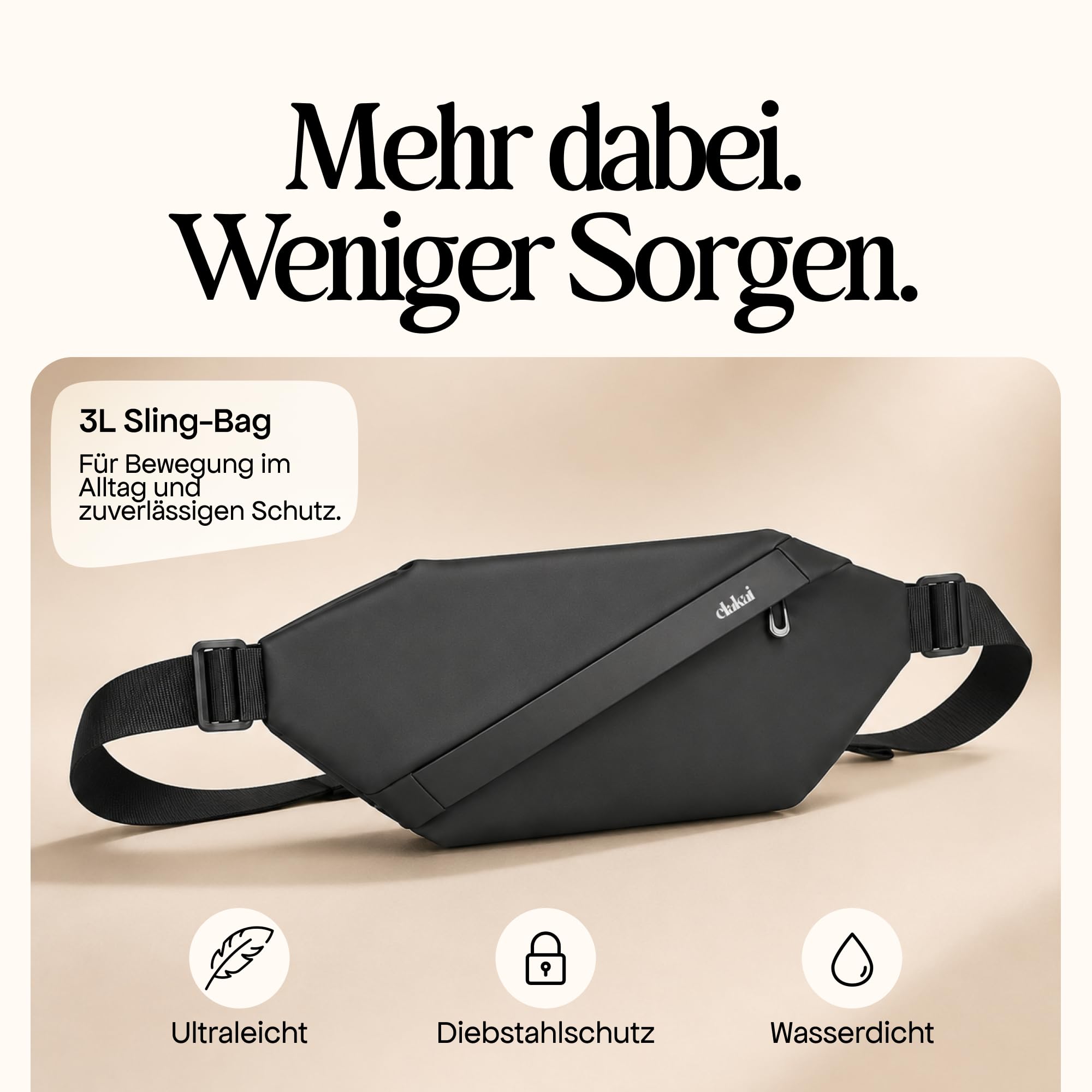 ELAKAI 3L Bauchtasche & Sling Bag Schwarz | Kleine Crossbody Bag Schultertasche für Damen Herren Männer | Anti-Diebstahl, Wasserdicht | Sport Festival Wandern Laufen