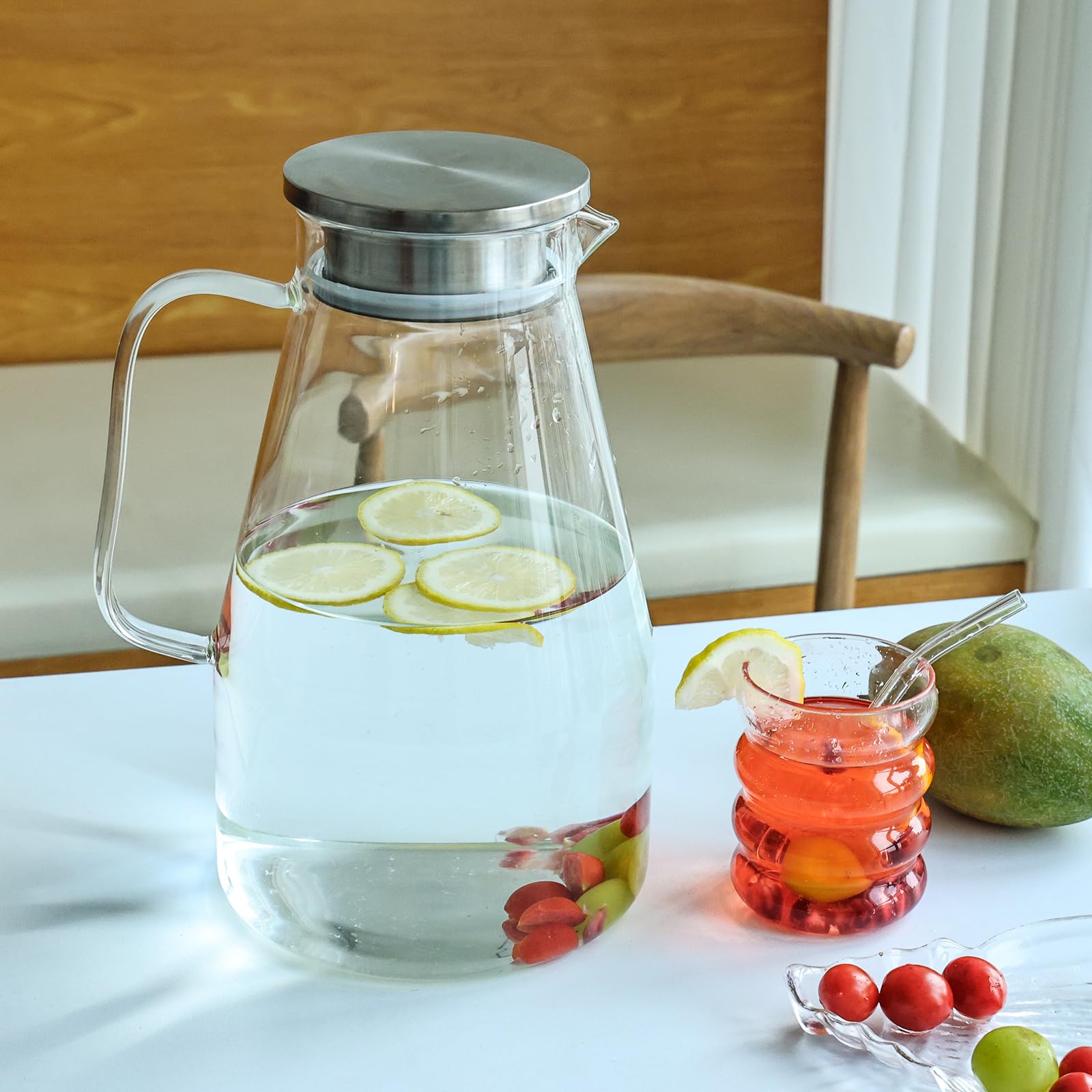 Jarra de vidrio con tapa, jarra de agua de vidrio de 1 galón, jarra de agua caliente/fría, jarra de jugo y té helado con tapa (boca extra ancha)