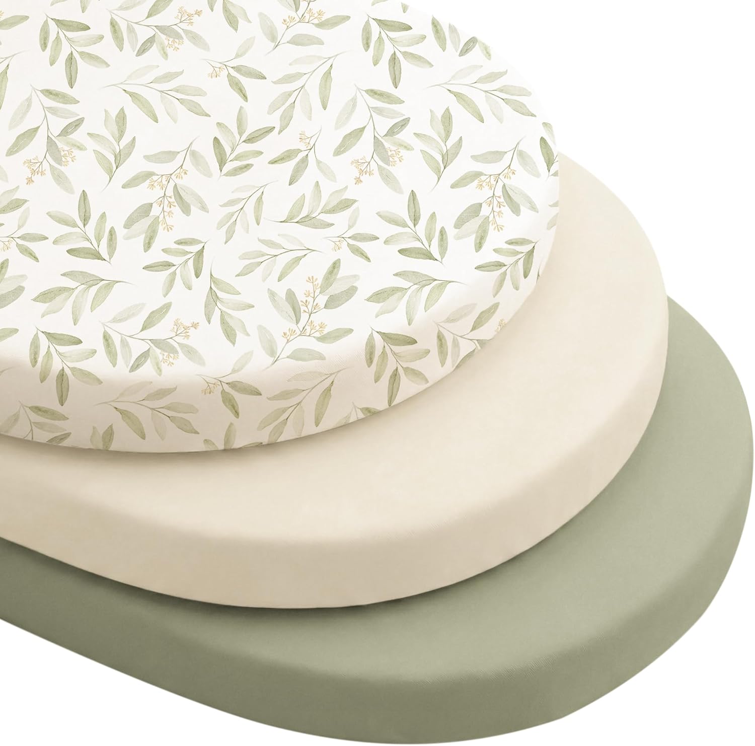 Konssy Silky Soft Bassinet Sheets 3 Pack, Ultra-Stretchy Bassinet Mattress Sheets for Baby Girl Boy, Breathable Fitted Sheet for Standard Oval Hourglass Mattress (Green Leaf)