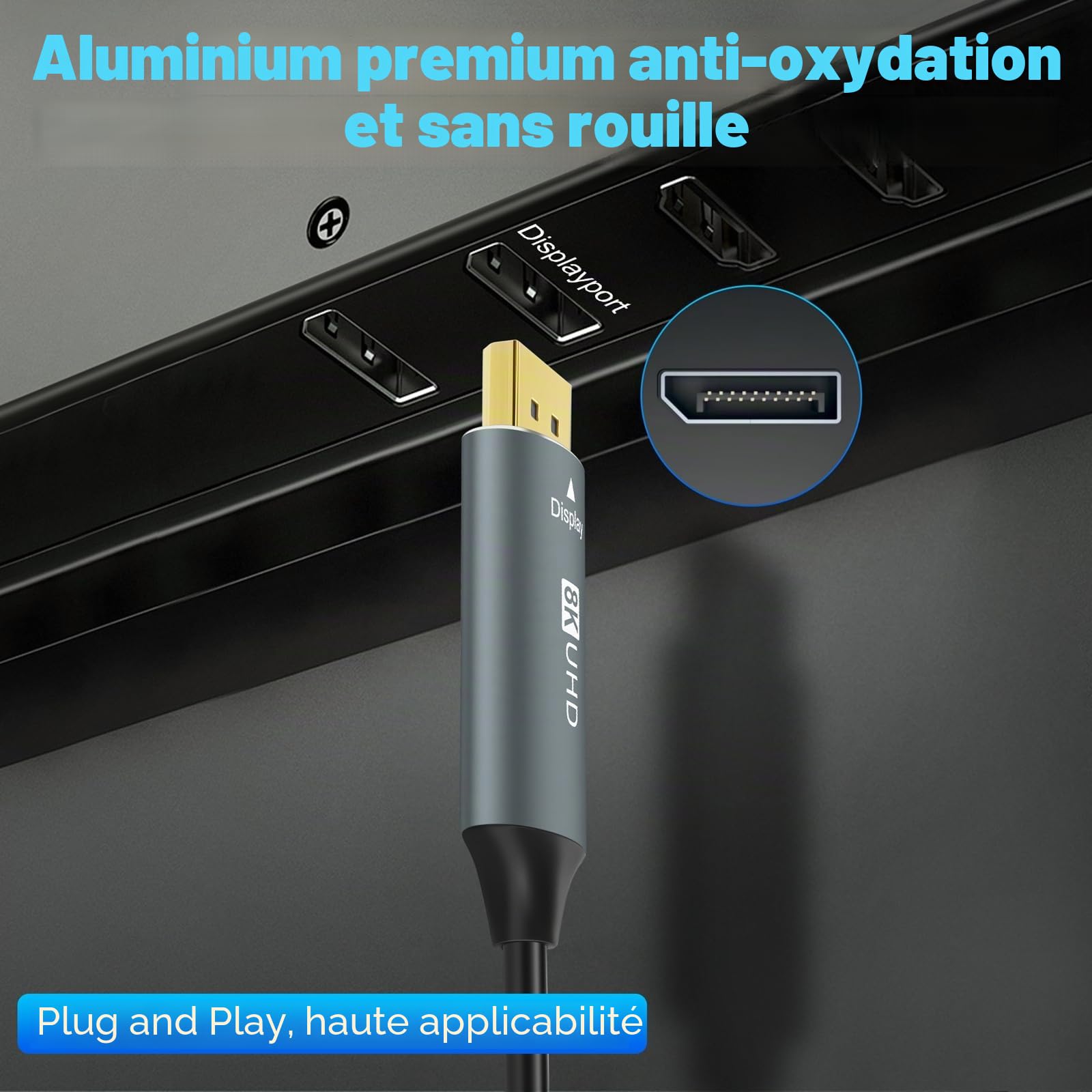 Câble Fibre Optique DisplayPort 4K 8K 30M, DP vers DP 1.4 8K@30Hz 4K@120Hz/144Hz, 2K@165Hz, 32.4Gbit/s Compatible HDR, G-Sync FreeSync pour Ordinateur Portable, PC, Moniteur
