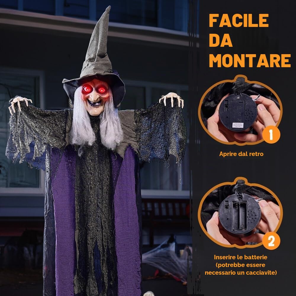 Decorazione da strega da appendere per Halloween con funzione di attivazione del suono, strega parlante animata con occhi rotondi per decorazione di Halloween, decorazione del prato