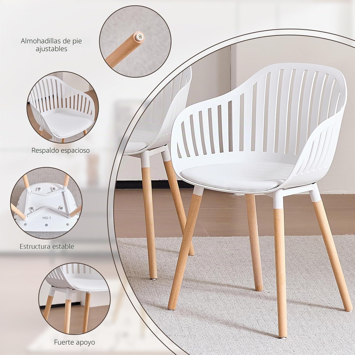 GrandCA HOME Juego de 4 Sillas Modernas de Comedor y Cocina con Reposabrazos y Cojines, Respaldo Hueco Vertical y Patas de Madera para Sala, Balcón y Oficina - Blanco