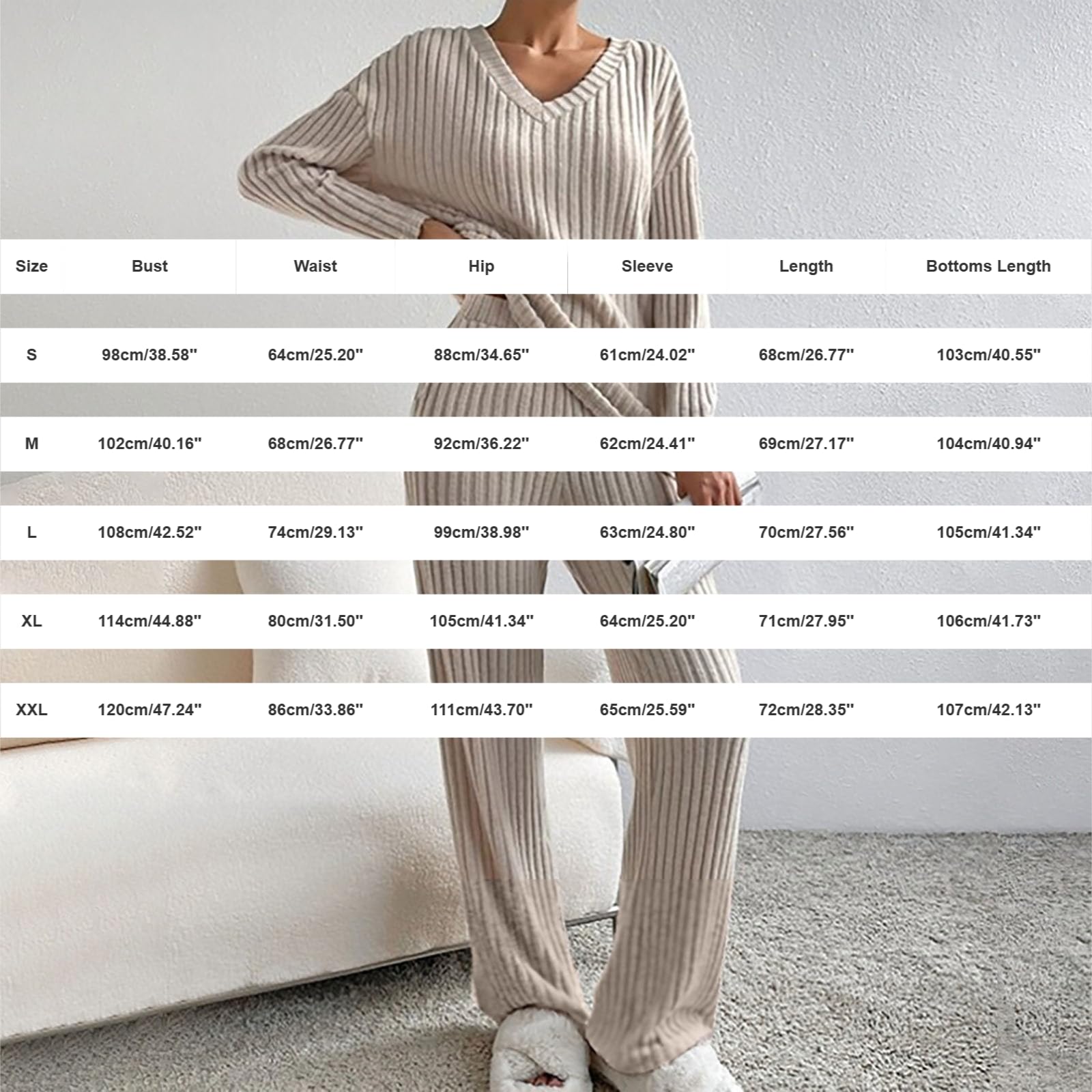 Pigiama e loungewear da donna, morbido maglia a coste, per la casa, per l'inverno, a maglia, set da due pezzi, a maniche lunghe, con scollo a V, per il tempo libero