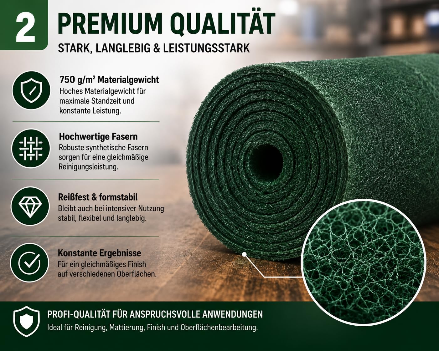 Schleifvlies Rolle Grün dünn 17 cm x 10 m – 750 g/m² Reinigungsvlies für Edelstahl, Metall, Holz & Lack – Waschbares Profi Schleifpad zum Mattieren, Reinigen & Finish