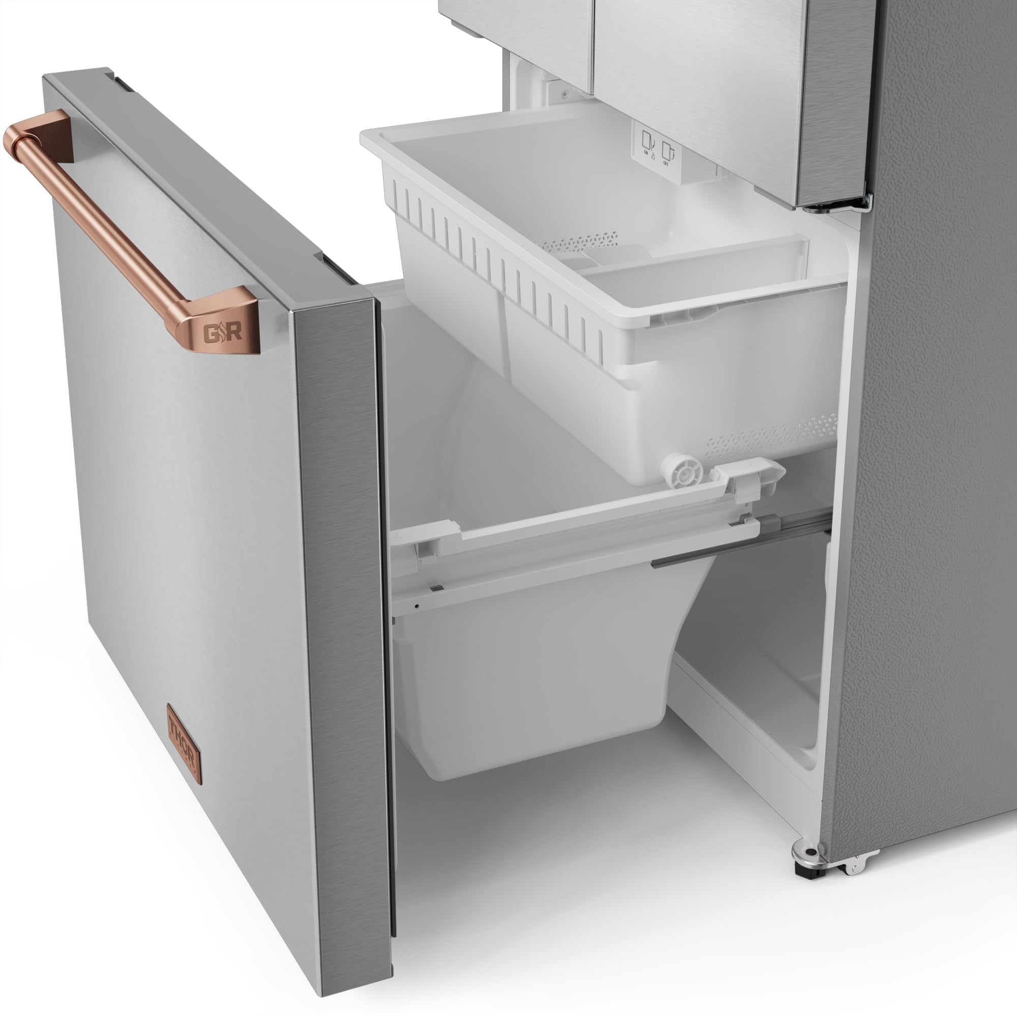Thor Kitchen Gordon Ramsay 30 Inch 17.7 cu ft French Door Counter Depth Refrigerator with Ice Maker in Stainless Steel/Rose Gold on Fridge.com