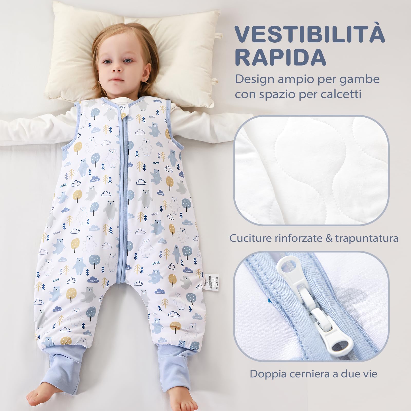 Sacco nanna con piedi, 2,5 Tog, super morbido, realizzato in rayon di bambù, per bambini, in fibra di bambù, per l'inverno, per l'autunno e l'inverno (orsi, 80cm (18-36 Mesi))