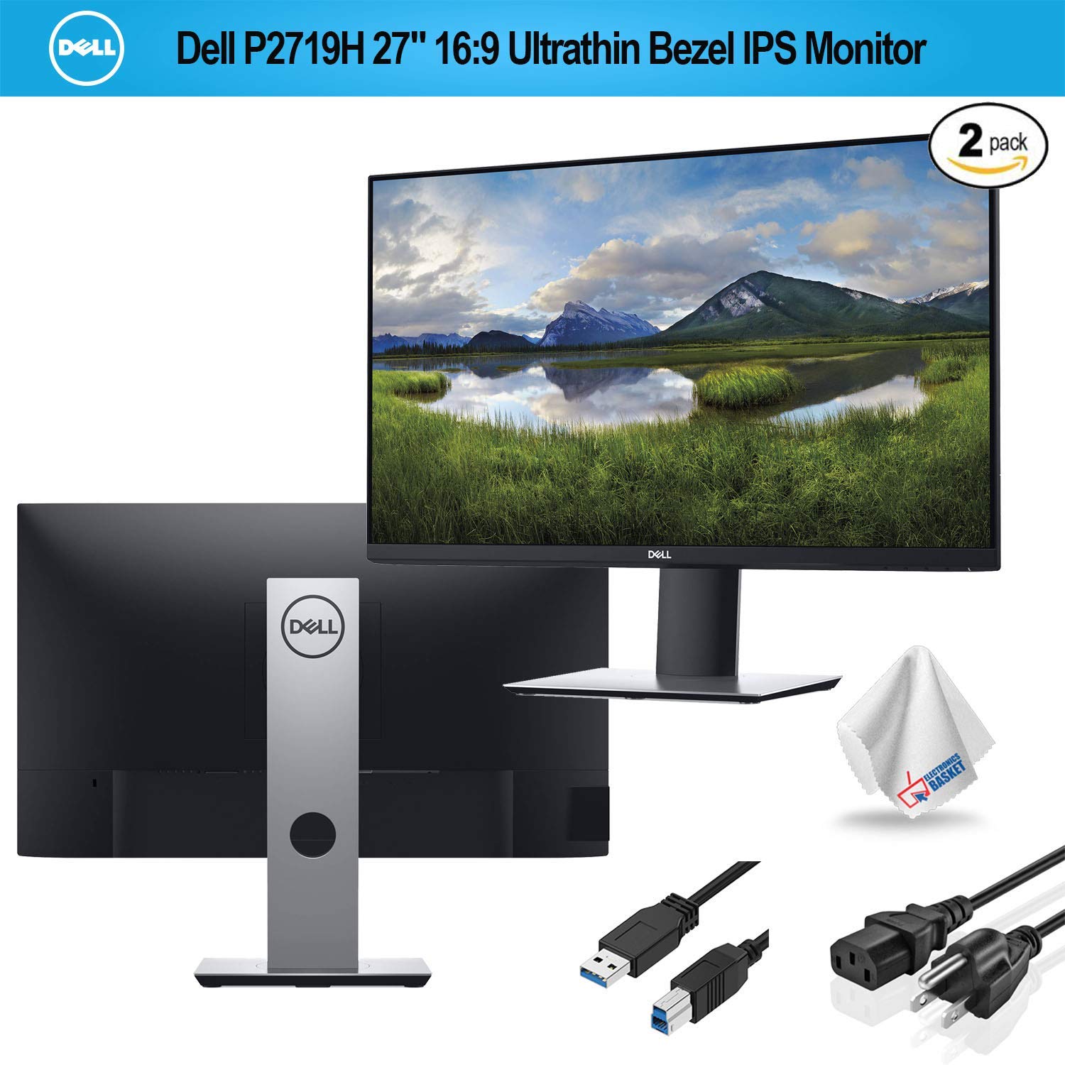 Dell P2719H 27" 16:9 Ultrathin Bezel IPS Monitor (P2719H) with Electronics Basket Microfiber Cleaning Cloth - 2 - Pack