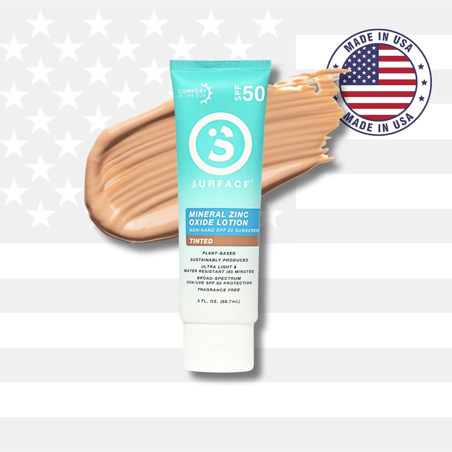 Surface Mineral Sunscreen Lotion SPF 50, Lightweight Non-Nano Zinc Oxide Formula, Reef Friendly, Broad Spectrum UVA UVB Protection, Water Resistant Sun Care for 80 Minutes Outdoor Use, Tinted, 3oz - Image 3