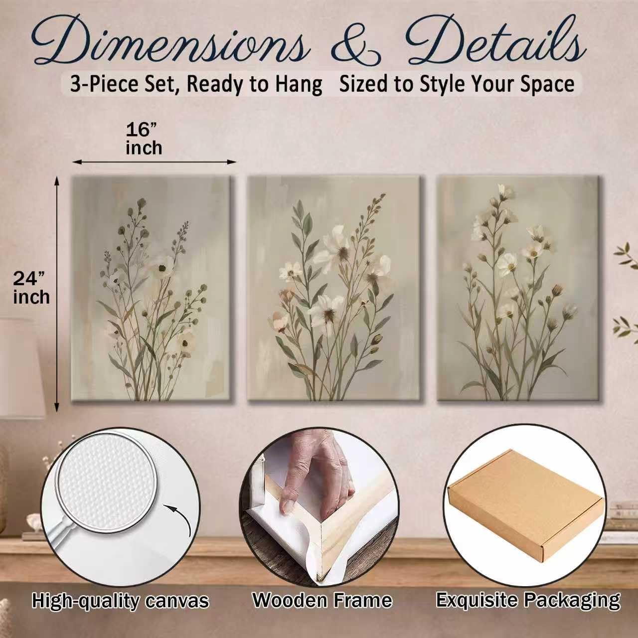 CHTEXA Neutral Floral Canvas Wall Art Set of 3 Botanical Wall Decor Beige Wildflower Prints for Living Room Bedroom Office 16x24 Inch Ready to Hang