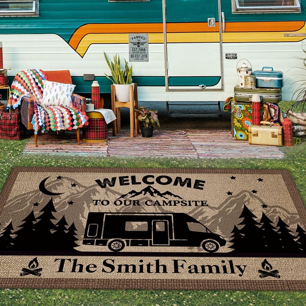 Custom Camping Rug Welcome to Our Campsite RV Trailer Mountain Landscape Decor Floor Mat for Outdoors, Patio, Backyard, Picnic, Beach, Camping, 30 x 55 Inch RV-11