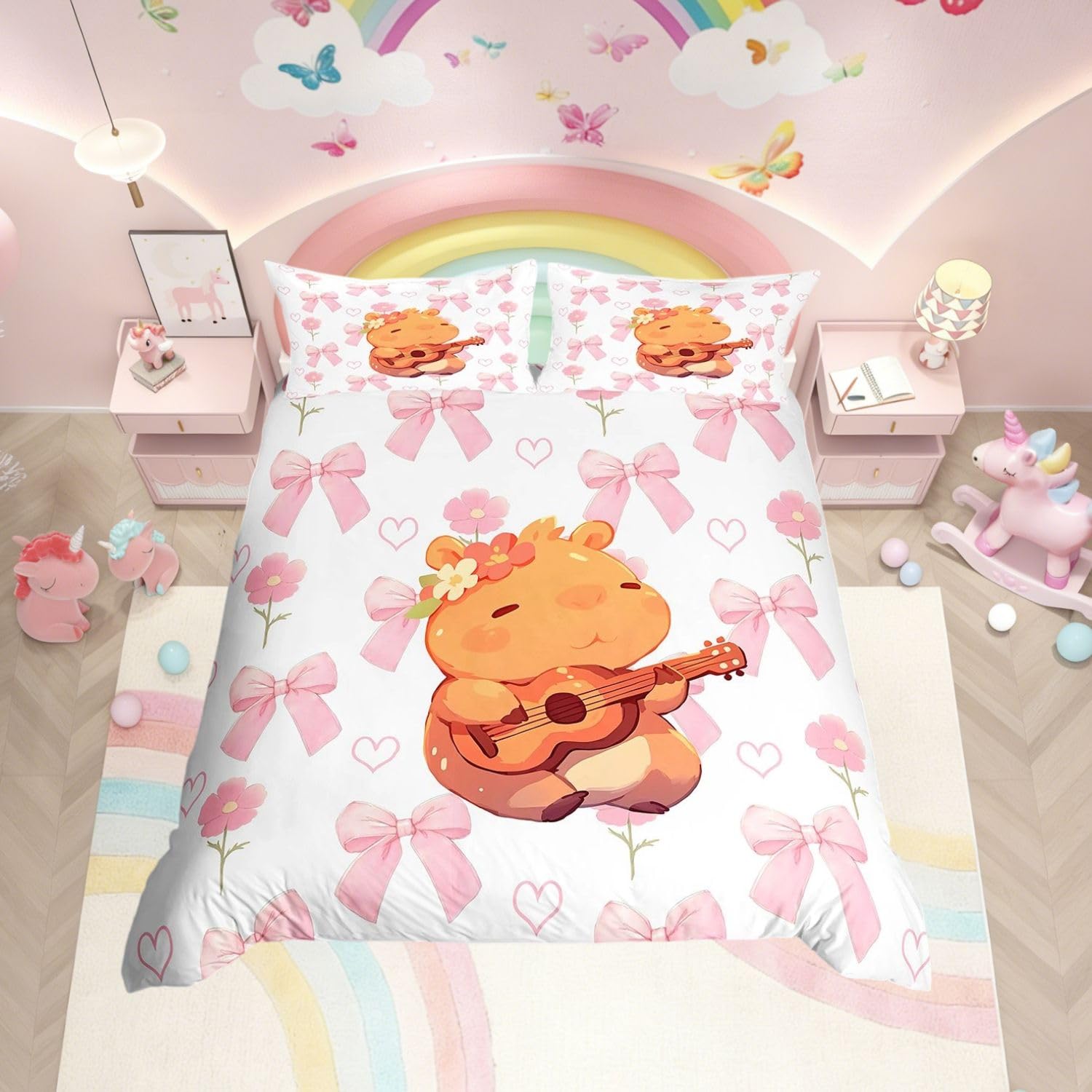 Homewish Capybara Duvet Cover Super King Princess Style for Kids Girls Teens - Pink Bow Bedding Set with Pink Reverse - Cute Capybara with Guitar Quilt Cover Kawaii Bowknot Bed Set - 2 Pillowcases — image 1