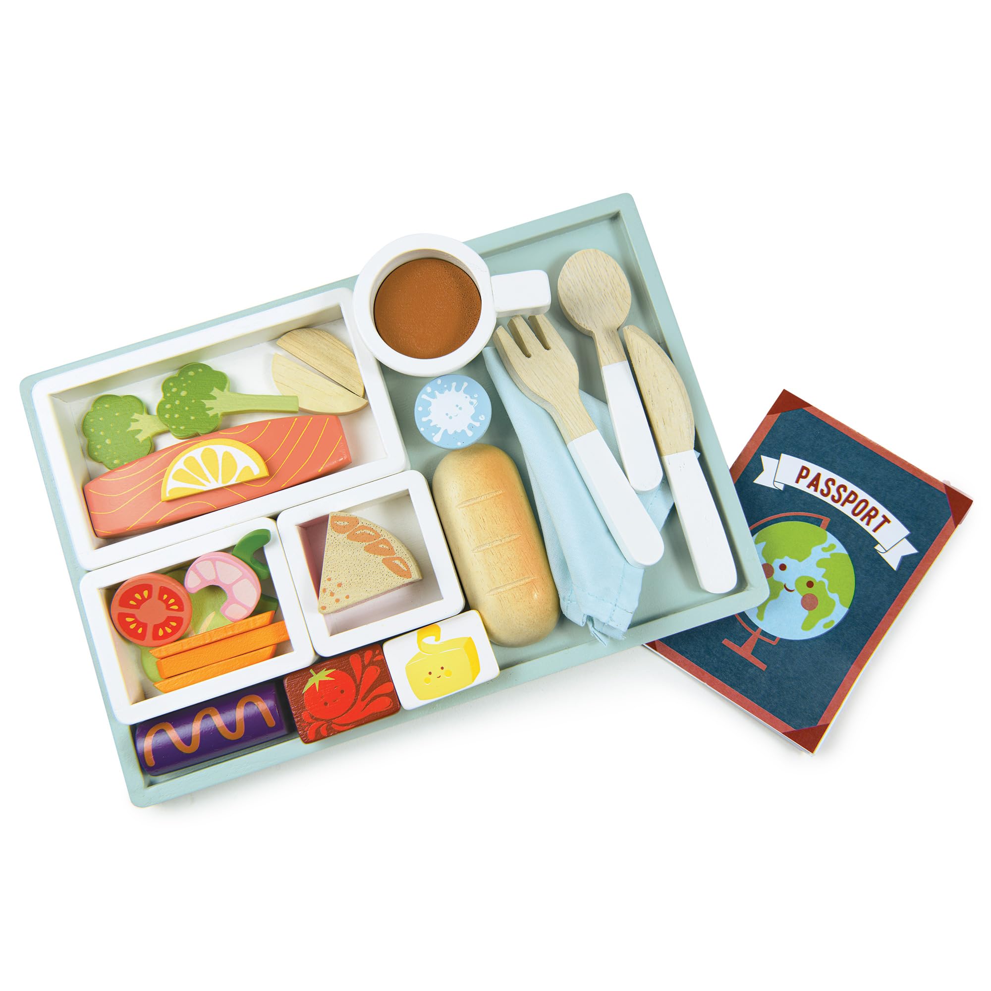 Tender Leaf Toys - Airline Meal Tray - Wood Pretend Play Food Set for Imaginary Travel - Includes 3-Course Plane Meal, Accessories and Passport - Encourages Imaginative Play, Language Skills - Age 3+