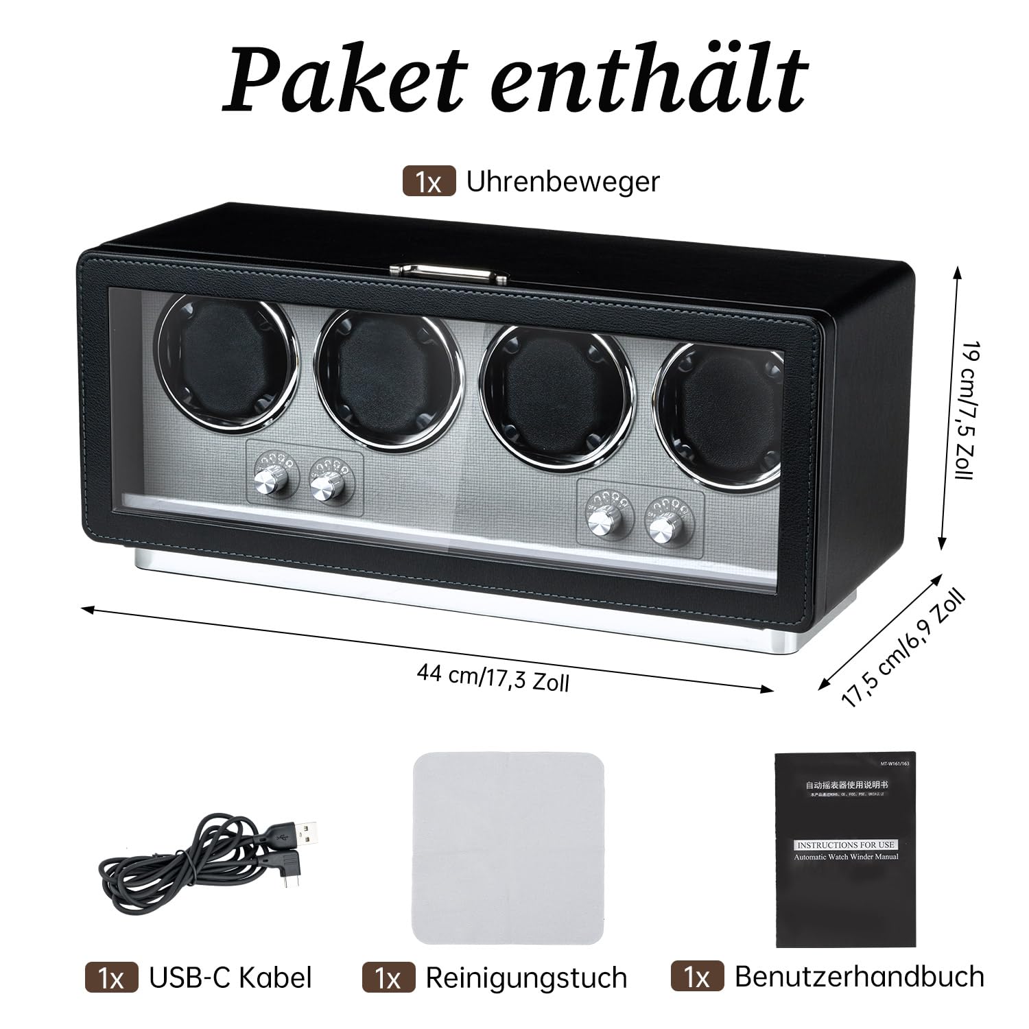 Mcbazel Rechteckige automatische Uhrenbewegerbox aus PU-Leder für 4 Uhren, ultraleiser Motor mit 4 Zifferblättern, LED-Lichtanzeige, 4 Rotationsmodi, Schwarz