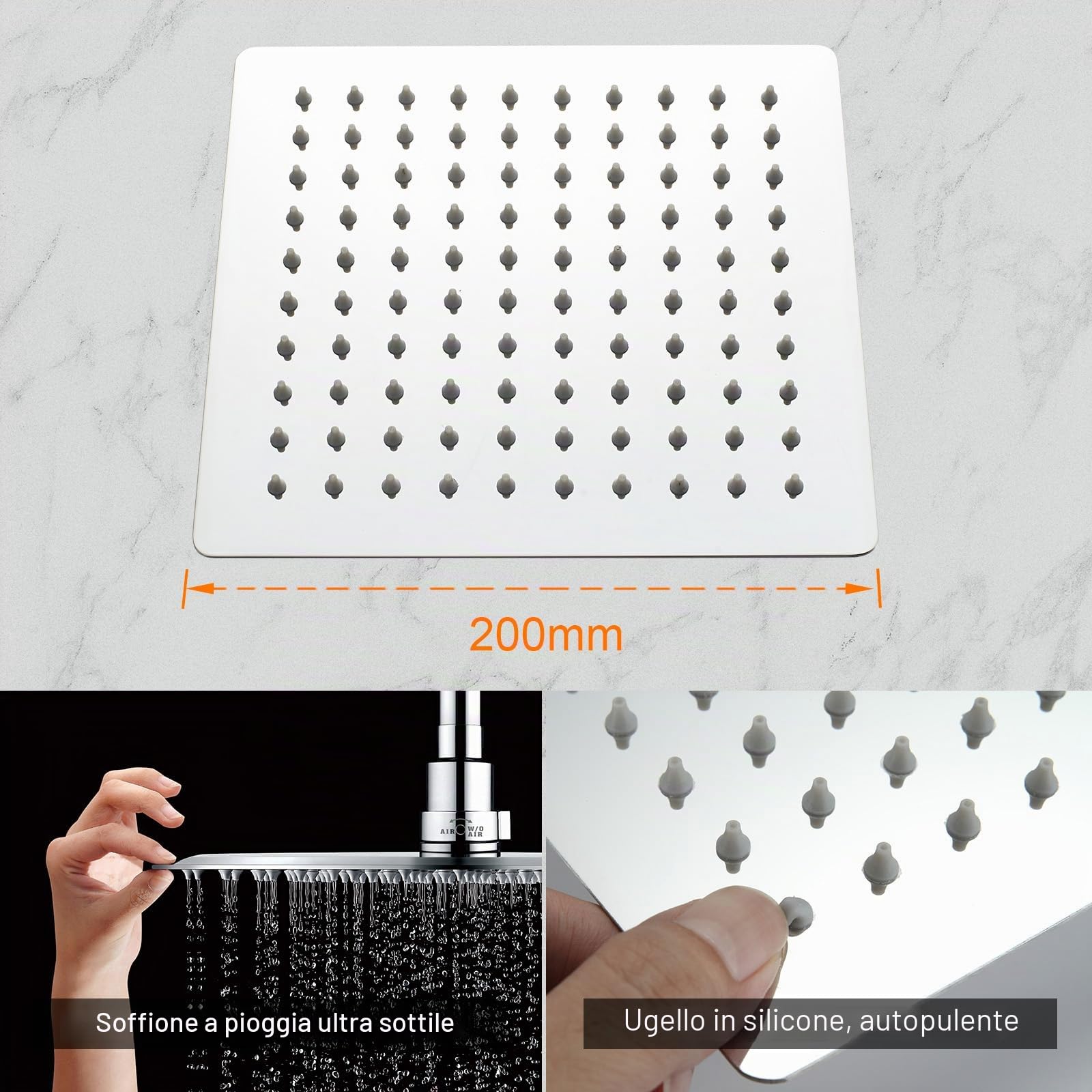 Ibergrif M20292 Soffione Doccia Pioggia 20x20 cm Quadrato, Testa Doccia Acciaio Inox Cromato, Doccia Fissa Anticalcare, Getto Ampio Alta Pressione per Bagno