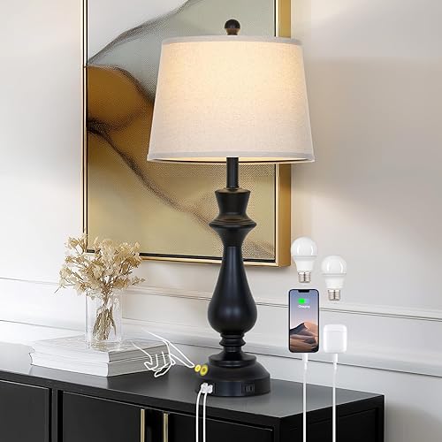 Lámpara de mesa moderna negra para sala de estar, lámpara de mesita de noche de 76 cm de altura con puerto de carga USB, lámpara de mesita de noche