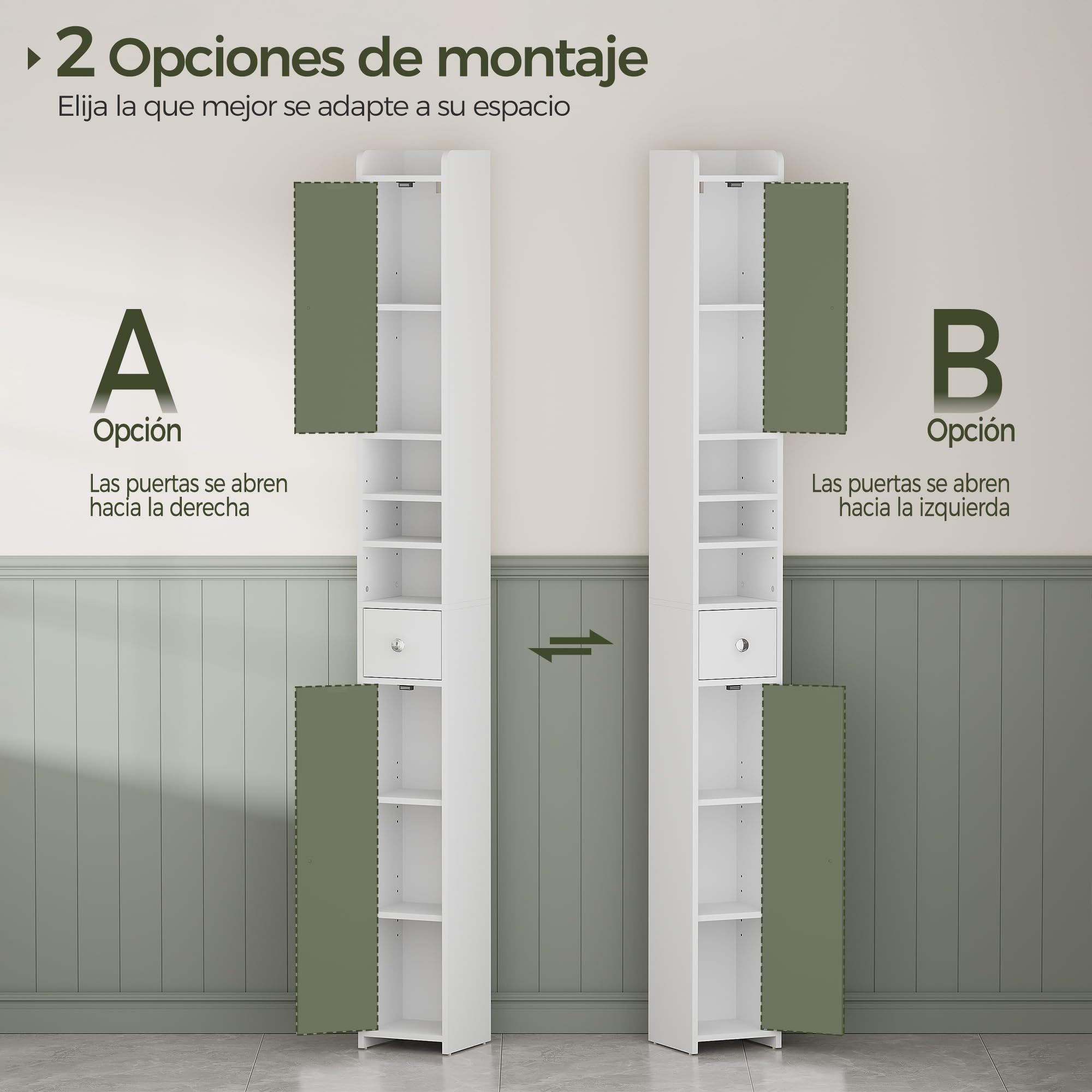 BEWISHOME Armario Alto de Baño,Mueble de baño Alto y Estrecho, Mueble Auxiliar baño,con Estantes Ajustables, Compartimentos Abiertos, para Espacios Pequeños, Moderno, Blanco EYYG07W