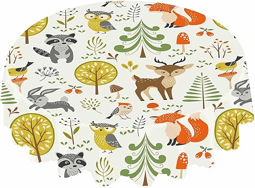 Miniatura 1 de IBILIU Mantel redondo de animales, árboles, pájaros, zorros, búhos, conejos, ciervos, mapaches, setas, naranja, amarillo, mantel circular para