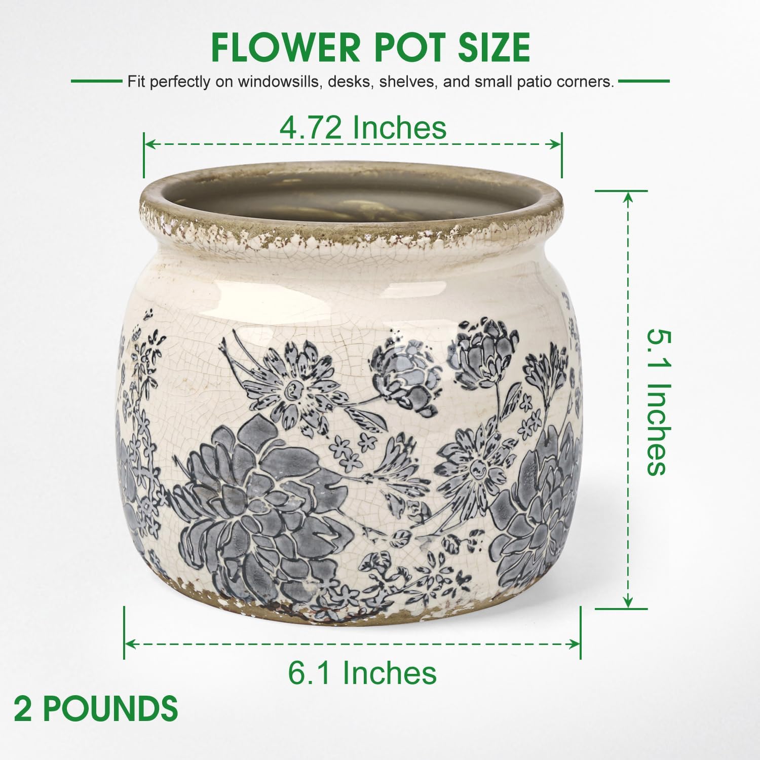 Flower Pots Planters for Indoor Plants Ceramic Plant Pots with Drainage 6.1 Inch Vintage Ceramic Pots for Plants Outdoor Home Garden Decor, Vintage Gray Bloom image 2