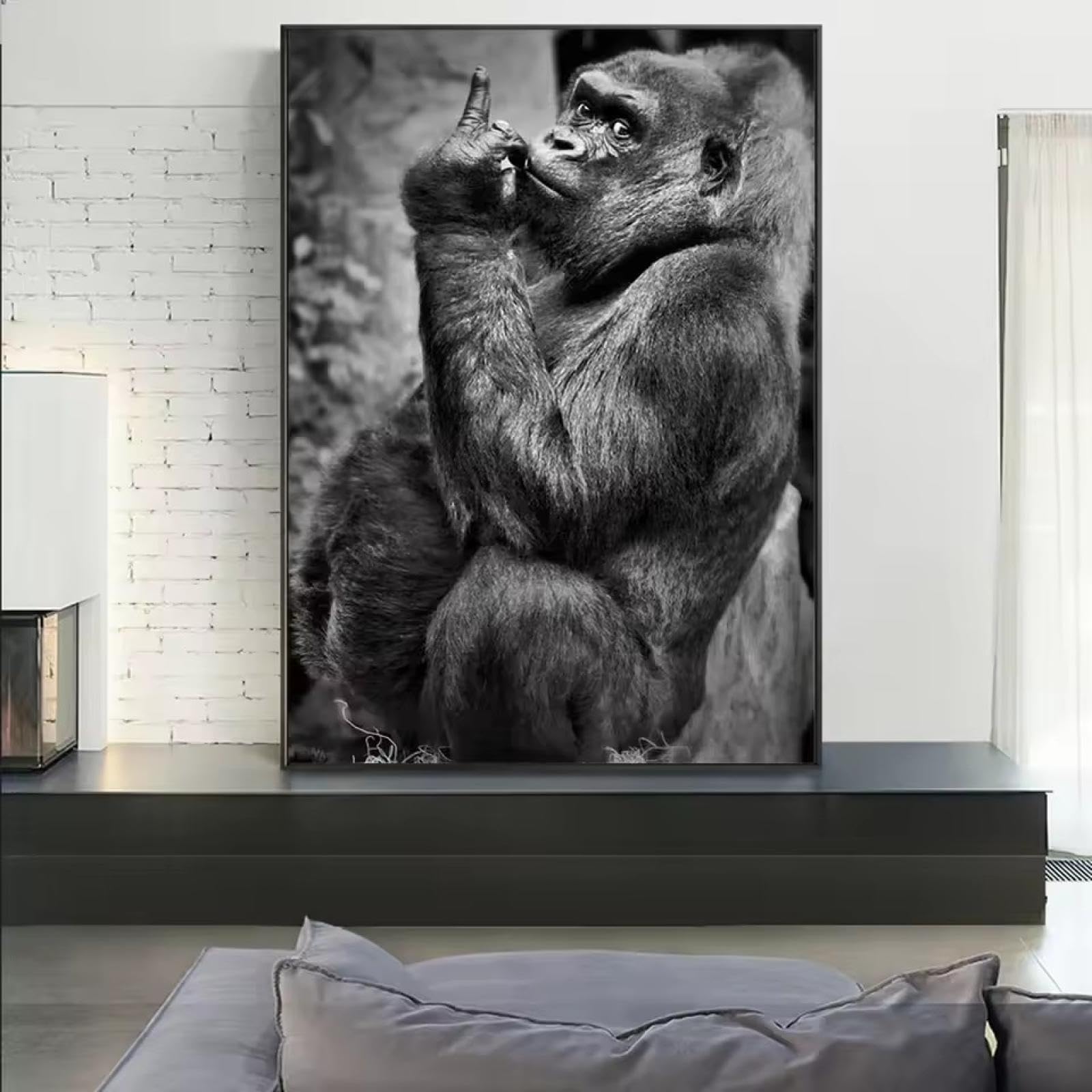LIMAIDUO Gorilla Gives The Middle Finger Poster Funny Animal Spoof Monkey Canvas Wall Art Painting Decor 30x50cm Frameless