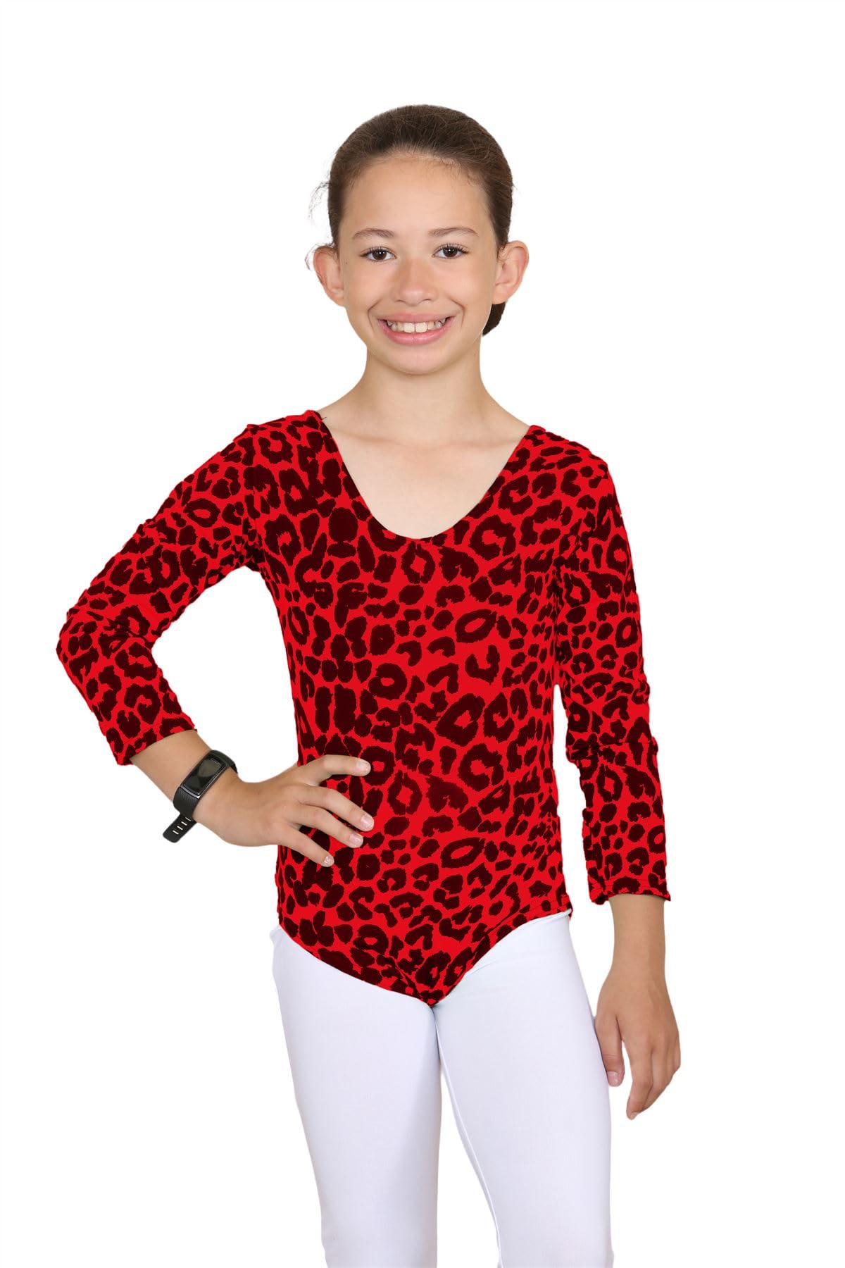 Hamishkane Unisex Kids Red Leopard Hamishkane® Gymnastics Leotards For Girls - Stretchy Long Sleeve Leopard Print Top, Ideal Girls Leotard For Gymnastics And Ballet Performance