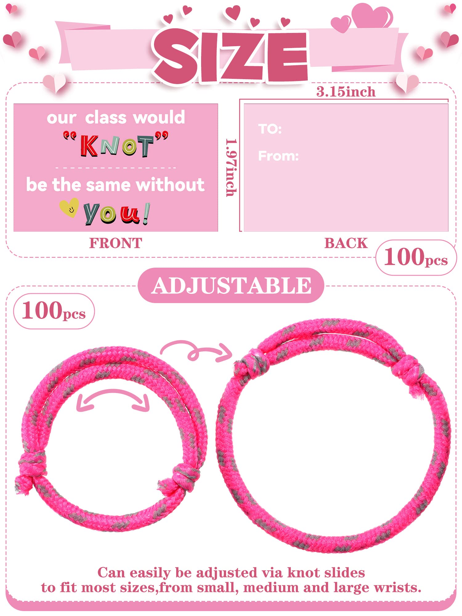 100 Pieces Valentine Knot Bracelets with Card Neon Rope Woven Friendship Bracelets for Kids Adjustable Rope Bracelets Bulk for Girls Boys Classroom Valentine Exchange Gifts Party Favors, 10 Colors