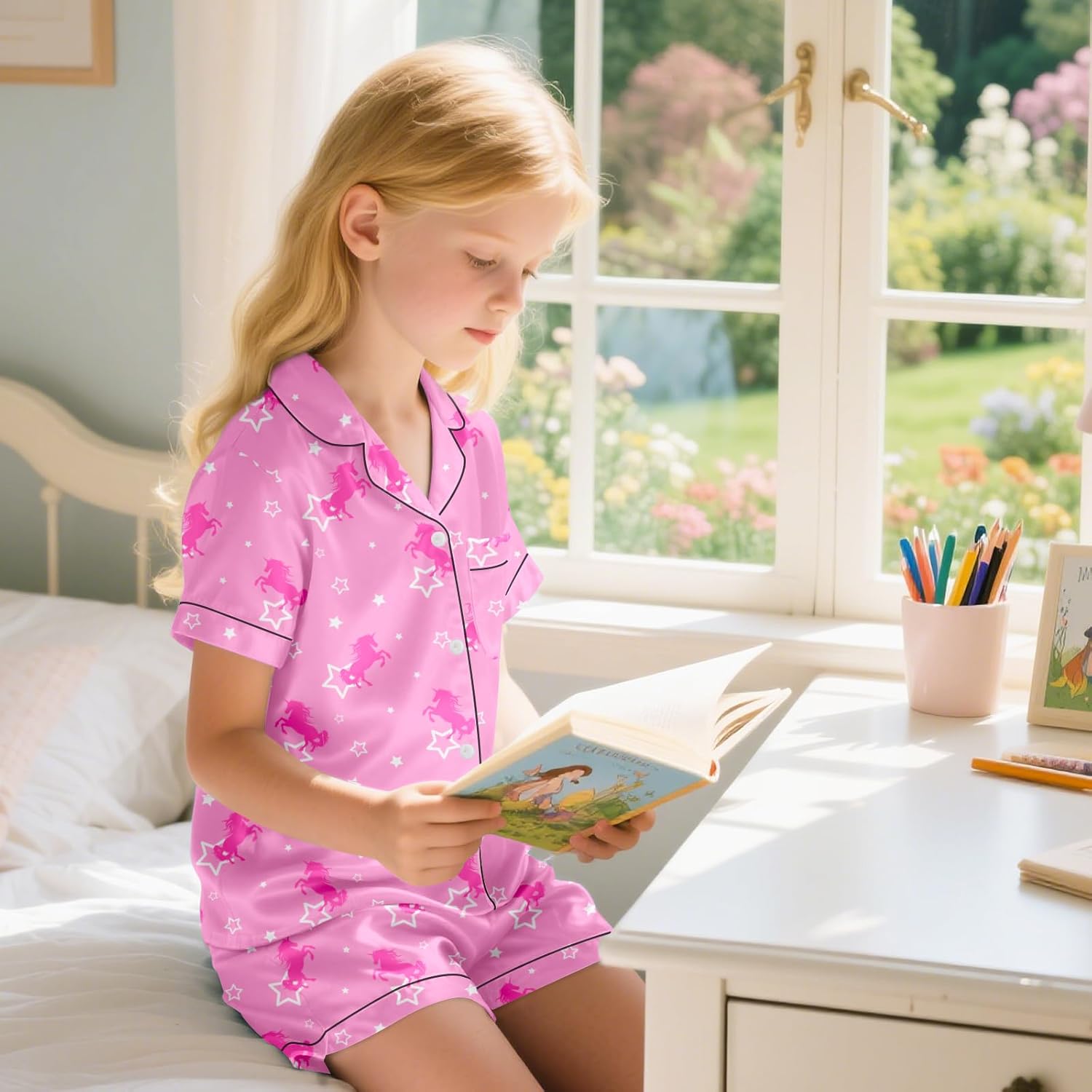 Nidoul Girls Pajamas Satin Short Sleeve Button Down Silky Pjs Girls' Sleepwear Set for Toddler Kids 3T-10Y - Image 6