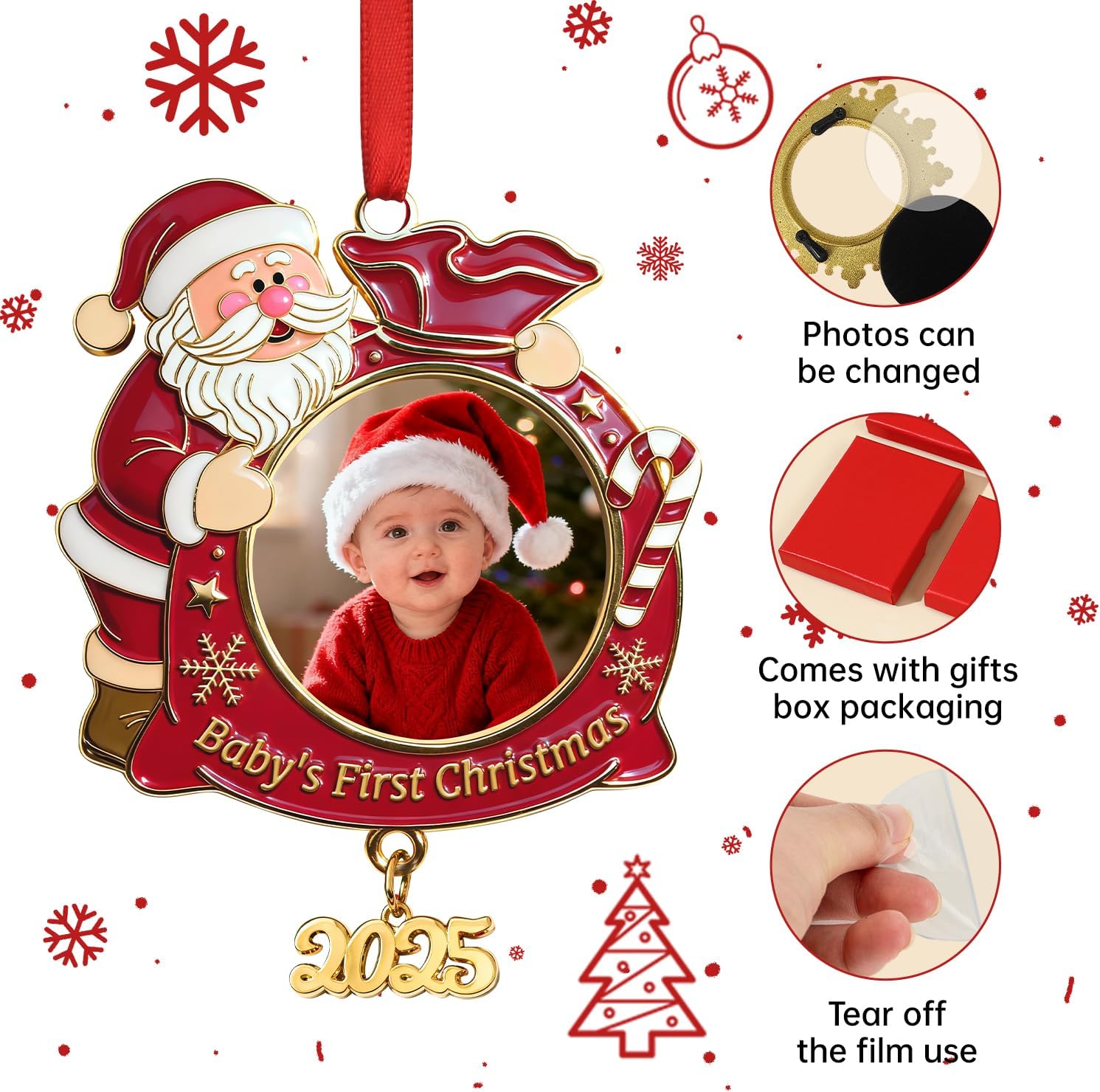 Babys First Christmas Photo Ornament 2025 - My 1st Christmas Picture Frame Ornament for Xmas Tree - Personalized Santa Baby ornaments Boy & Girl, Newborn Gifts - Image 4