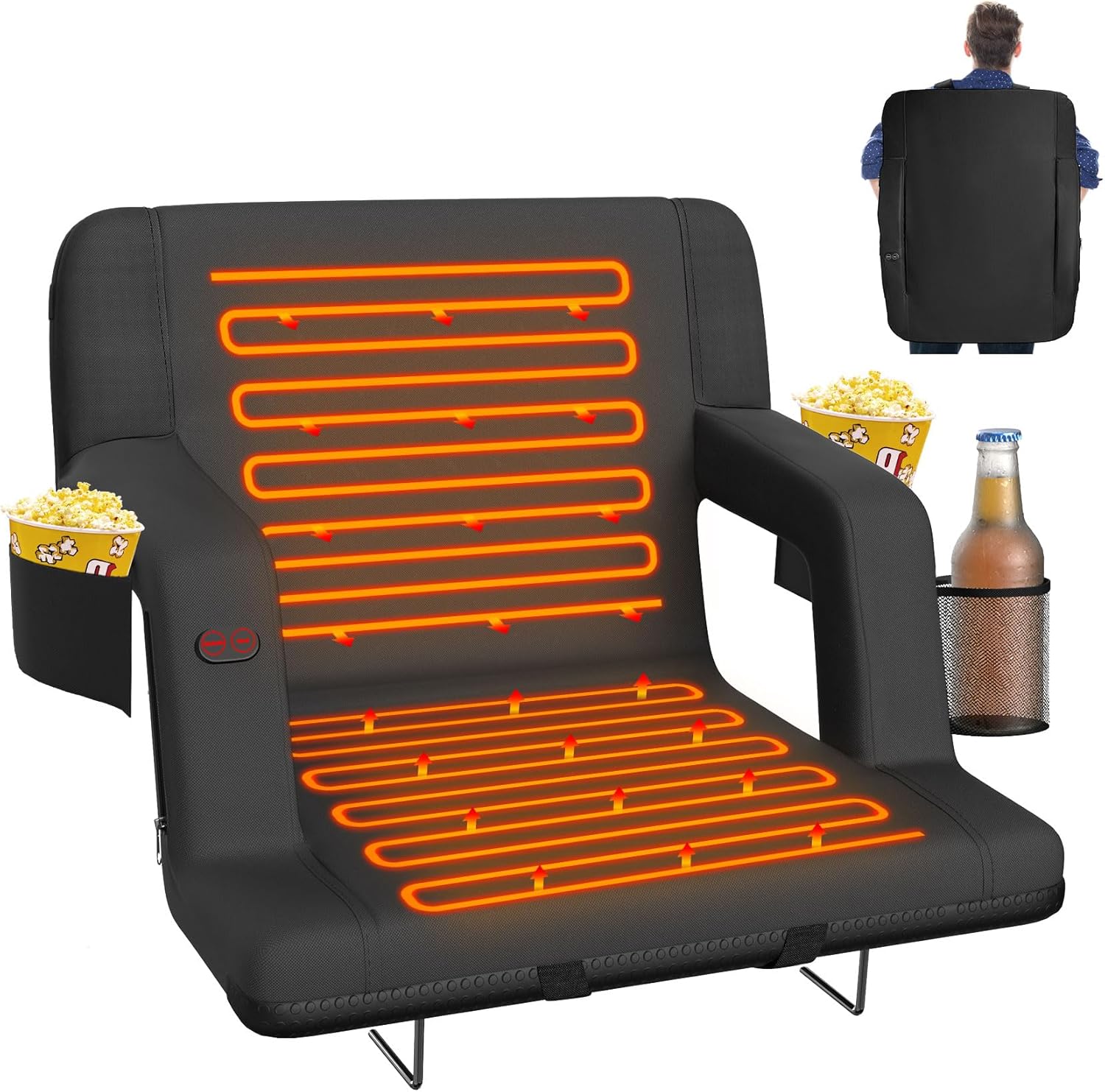 Suteck Dual-Sided Heated Stadium Seats for Bleachers with Back Support, Portable Heated Bleacher Seat with Backrest, 3 Heat Levels, 5 Pockets – Ideal for Outdoor Stadiums and Events - Black 1pcs 25in Black