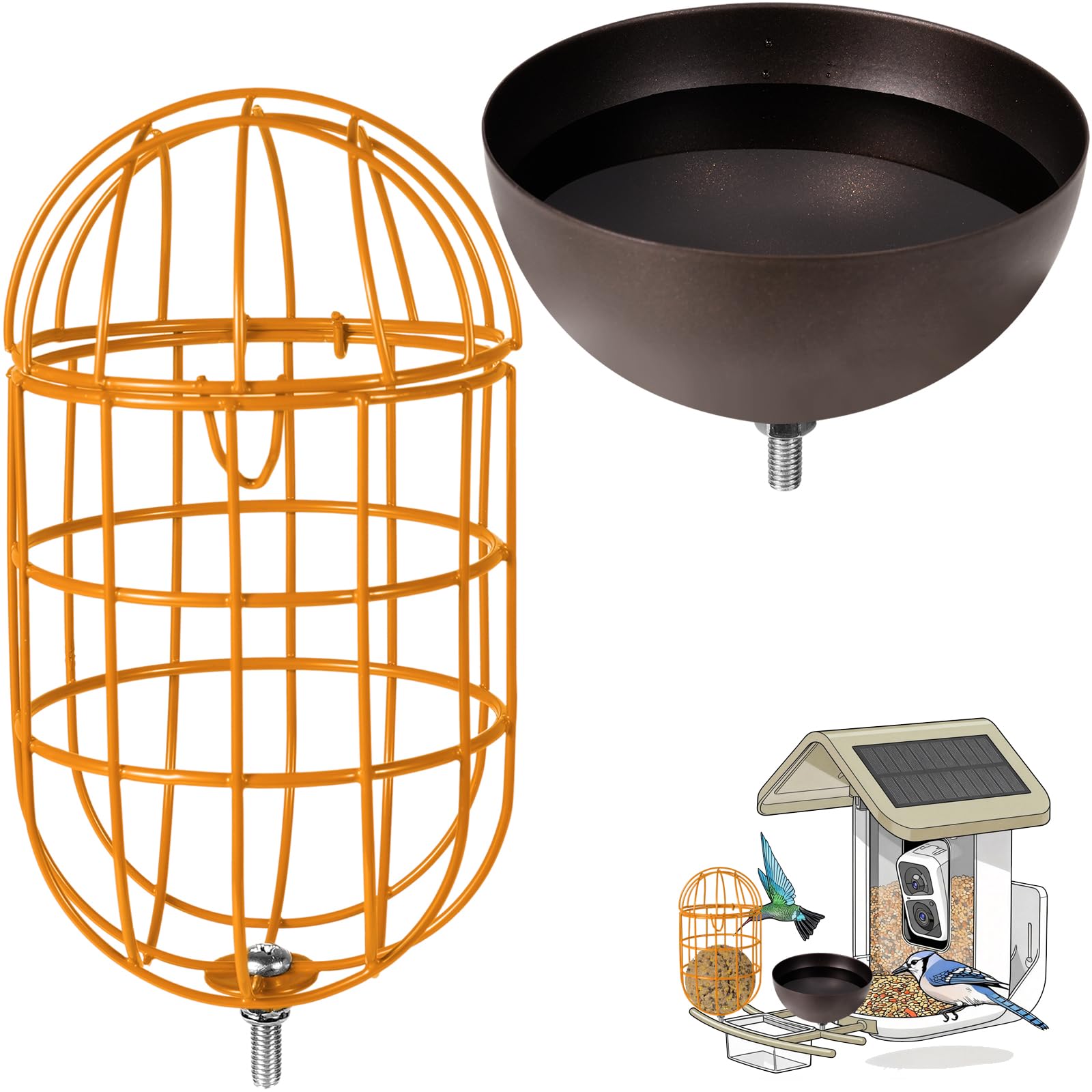Soporte de bola de sebo de metal + juego de cuenco de agua para pájaros, compatible con la mayoría de comederos inteligentes al aire libre, bola de sebo ovalada para exteriores, piezas de