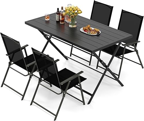 Tangkula 5 Pieces Foldable Outdoor Dining Set for 4, Patio Large Rectangular Metal Dining Table & 4 Patio Folding Chairs, Outdoor Table and Chairs