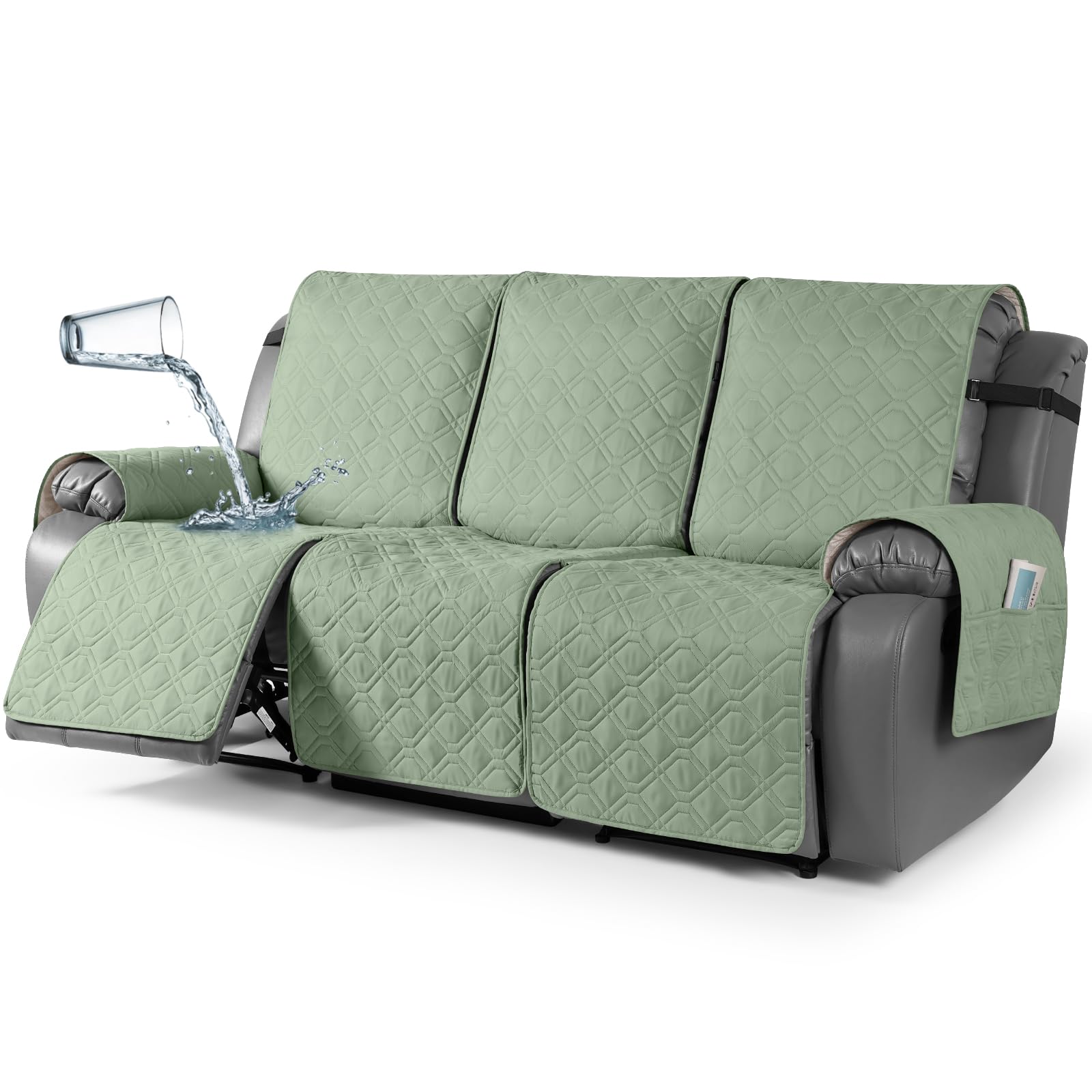 TAOCOCO Recliner Slipcovers,3 Seater Recliner Covers,Waterproof Recliner Sofa Protector,Armchair Covers with Pockets,Non Slip Reclining Sofa Covers,Arm Chair Covers for Dogs/Kids/Pet(Light Green) — image 1