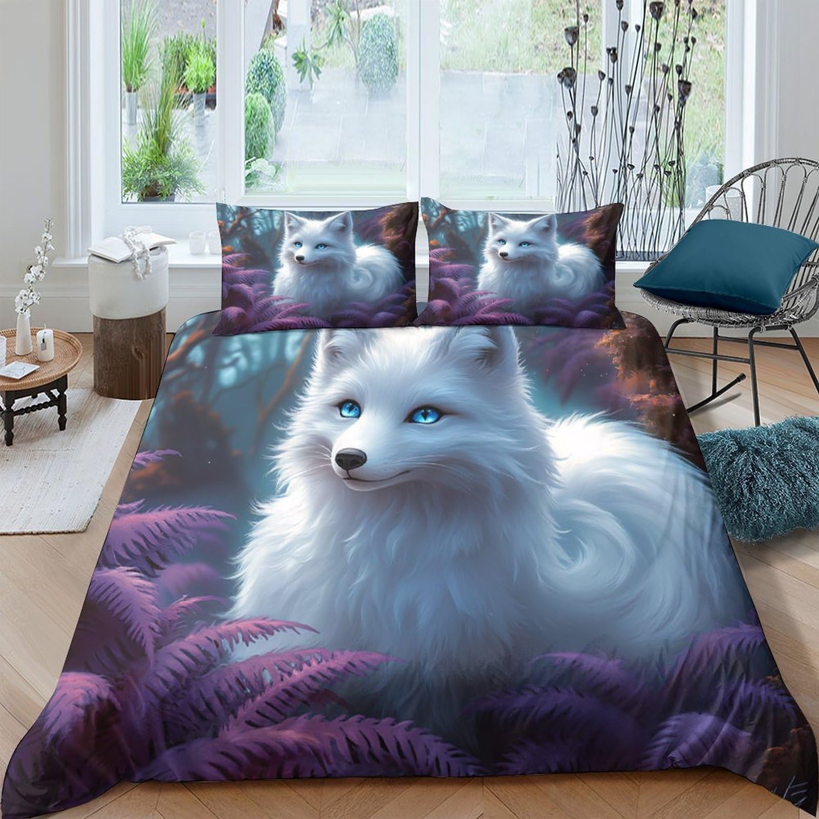 Ctjqhvkz Style-10 3D Printed White Arctic Fox Fitted Sheet Microfiber Soft Anti-Slip Purple Forest Bed Cover For Bedroom Home Decor Single（135X200cm）