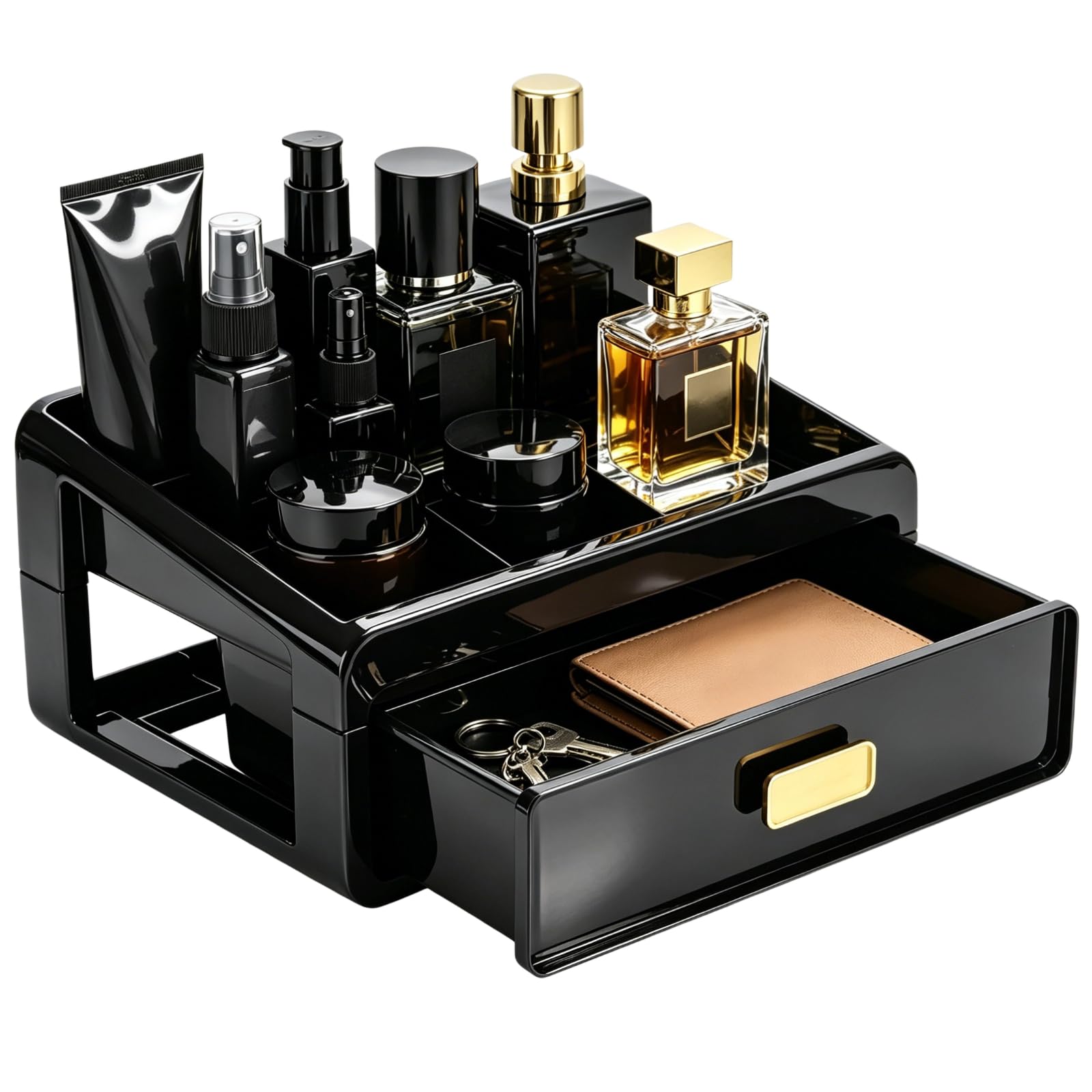 Soporte de colonia de plástico de 2 niveles con cajón y 6 compartimentos, soporte de perfume para hombres, organizador de escritorio multifuncional para tocador, entrada, baño, 11 x 7.9 x 5.4