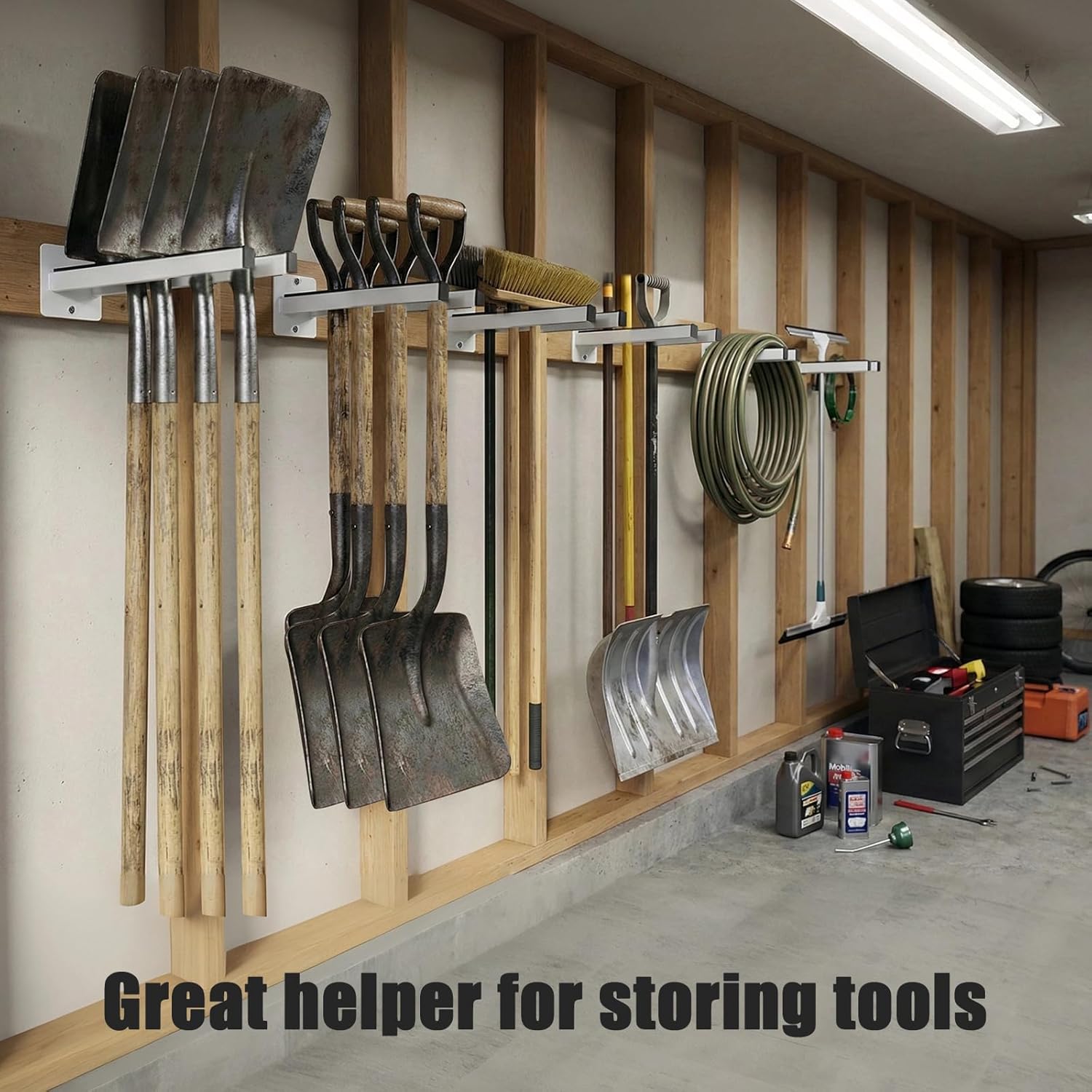 Extra Wide Tool Rack Wall Mount – Heavy Duty Shovel Holder for Garage, Shed & Barn, Powder Coated Steel Organizer for Shovels, Rakes, Brooms, Truck Storage (3.5 x 4.5 x 17.3 in, 4 Pack)