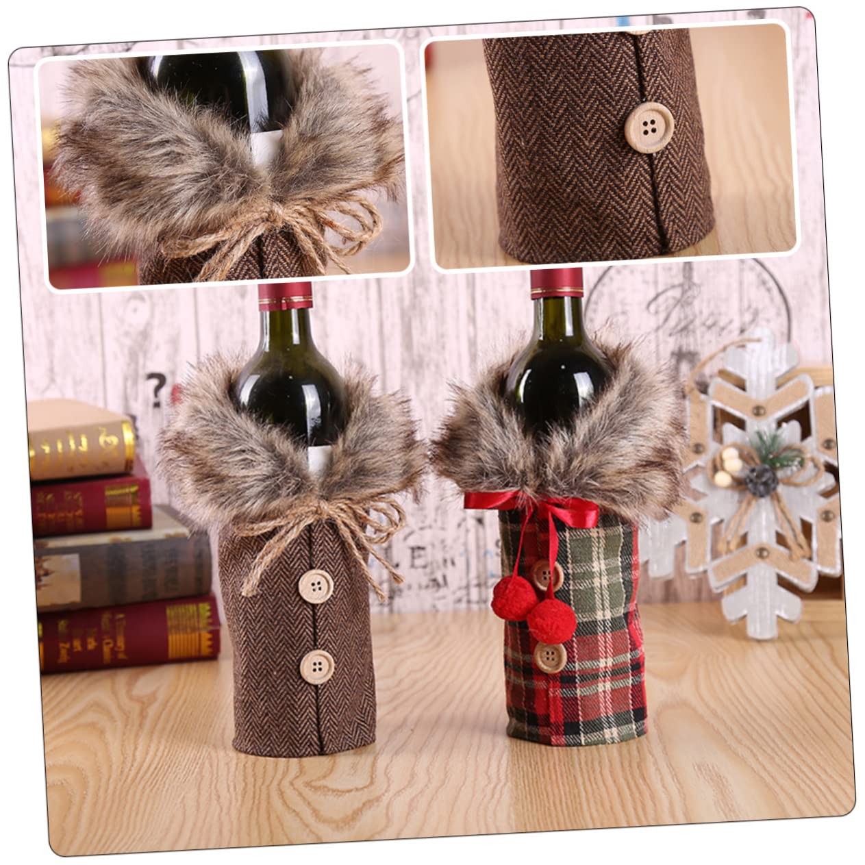 Mikinona 2 Pièces Housse de Bouteille Vin Noël Toile de Jute avec Nœud Couverture Décorative pour Fête et Ambiance Festive