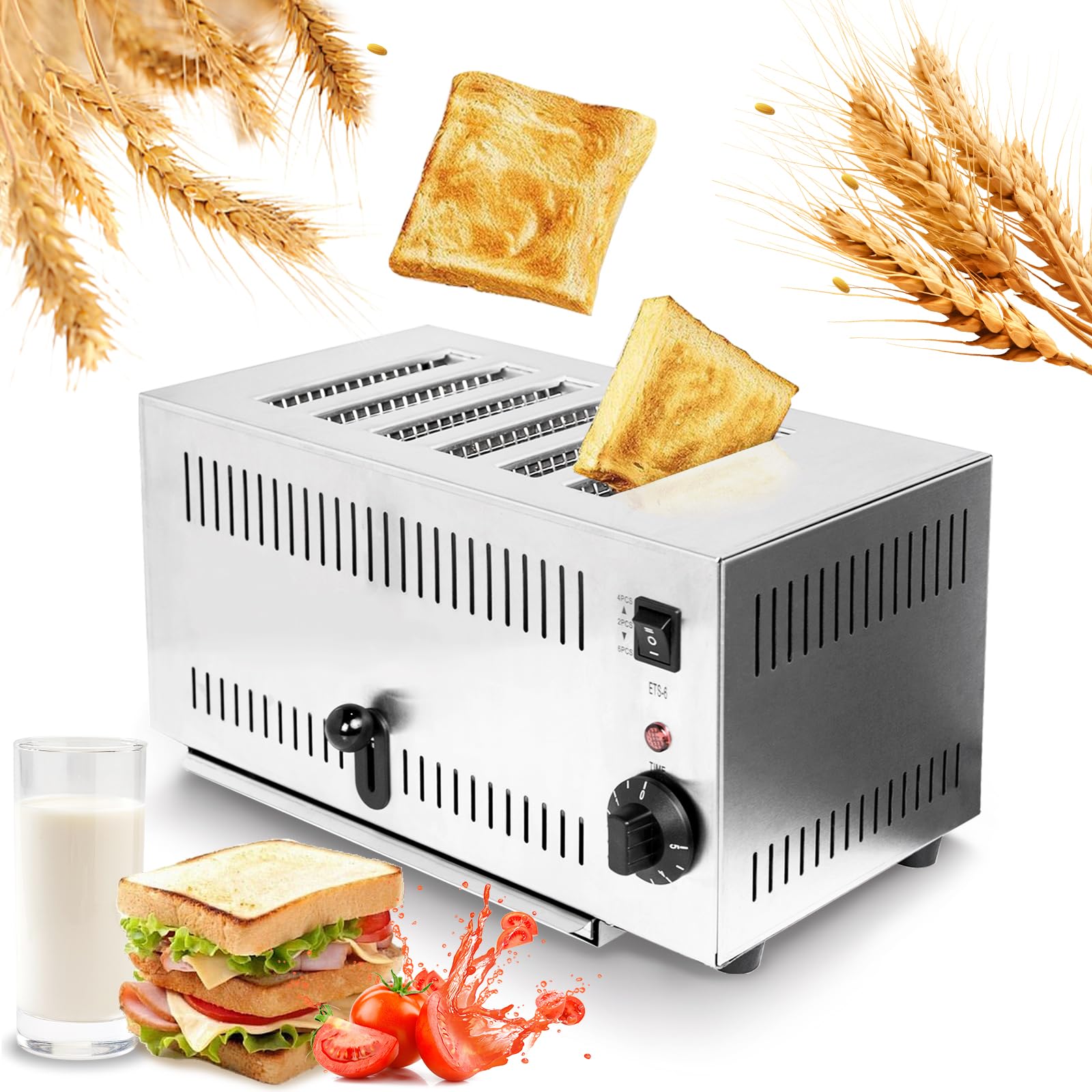 Hakka 6 Slice Toaster, 2500W Commercial Toasters with 5 Browning Levels Brushed Stainless Steel Extra Wide Slots Pop-Up Catering Hamburger Bread Toaster With Removable Crumb
