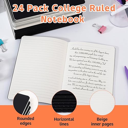 Miniatura 3 de Paquete de 24 cuadernos de papel kraft a granel, diario de viaje rayado, cuadernos con rayas universitarias, diario de cubierta negra a granel para