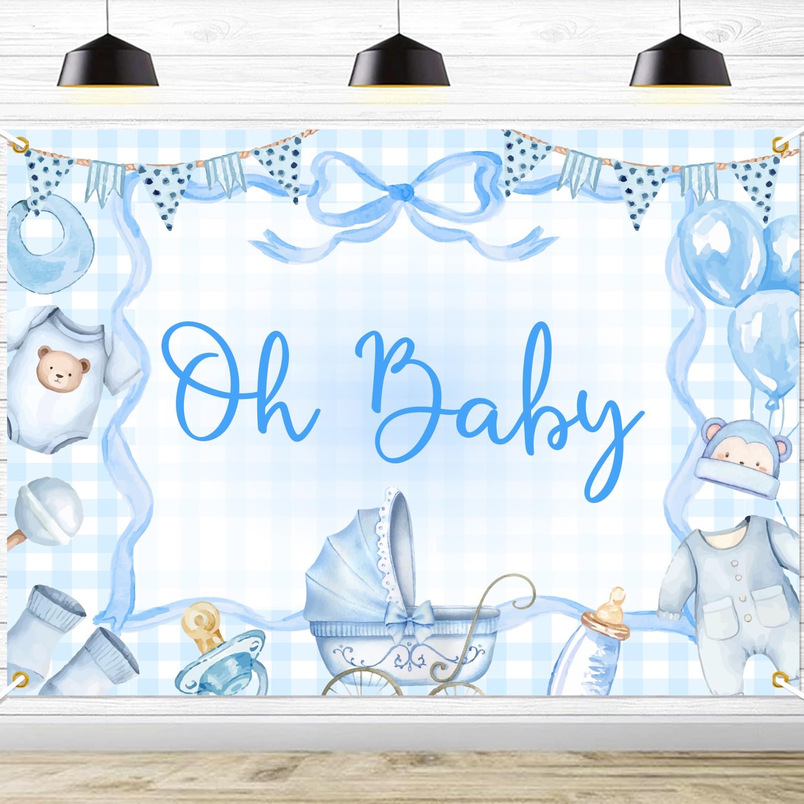 Oh Baby Boy Baby Shower Backdrop - Blue Bow with Gingham Baby Shower Banner, Blue Gingham Baby Carriage Gender Reveal Party Decorations Photo Booth Props (7x5ft)