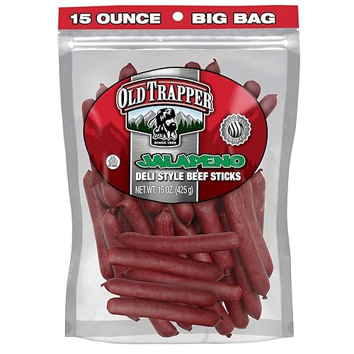 Old Trapper Palitos de carne estilo delicatessen, sabor jalapeño, paquete de 15 onzas, palitos de carne picante, seis gramos de proteína y cero