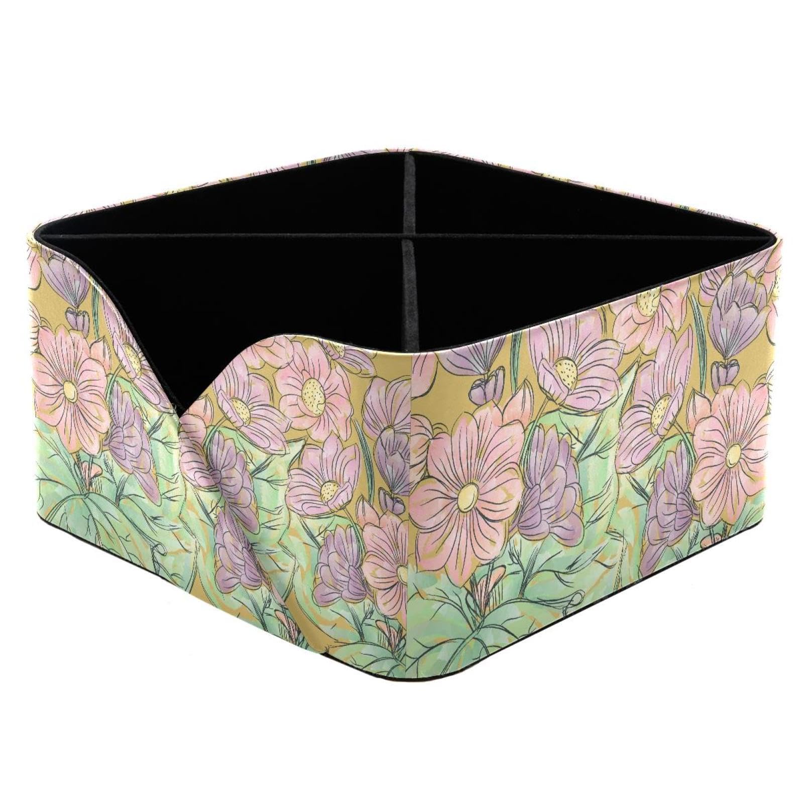 KengjuTesu Floral Lotus Desktop Organizer Pen Holder, Rectangular Pencil Cup for Office, Study and Makeup Stations