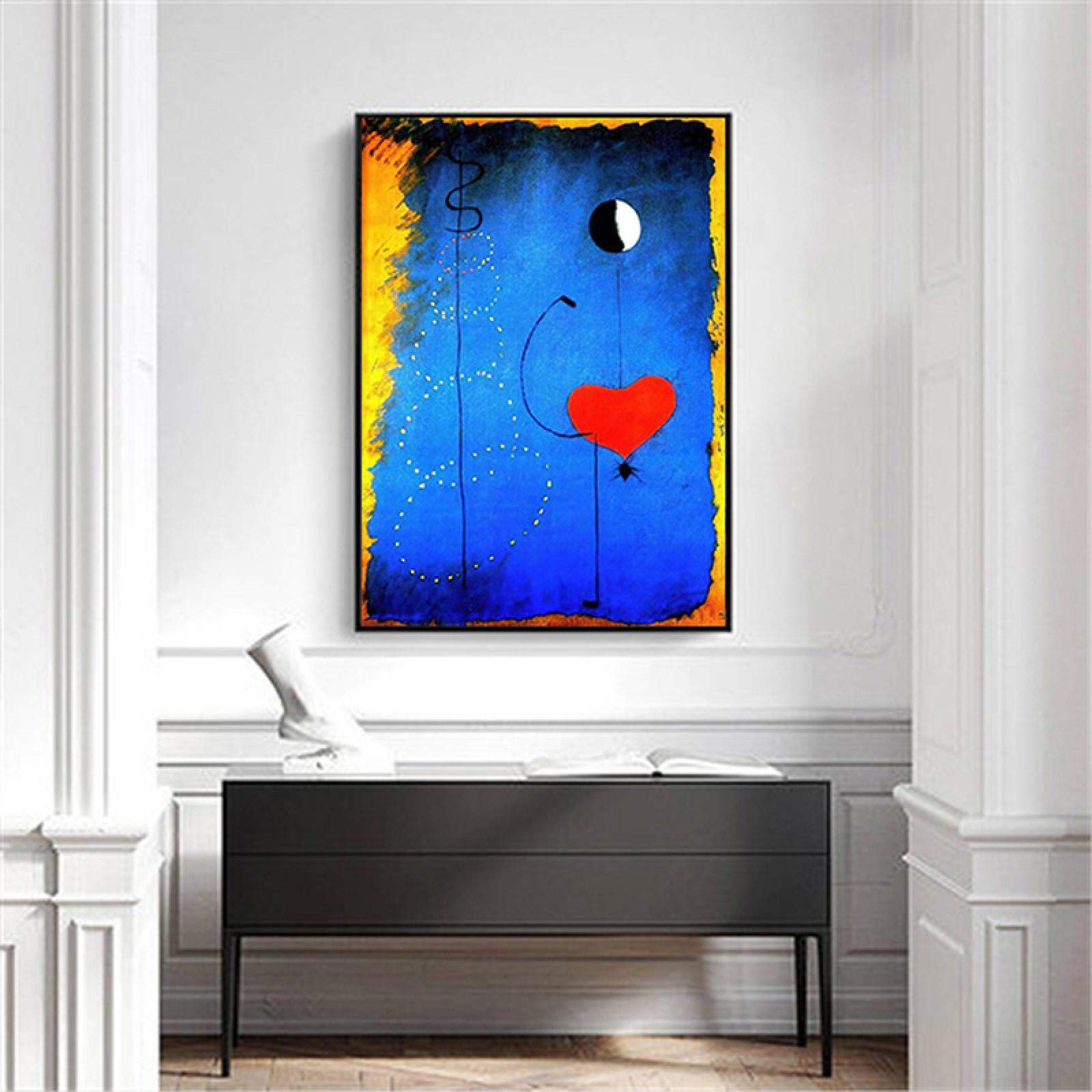 Stampa artistica su tela con cuori e ballerini Joan Miro Astratto Quadro da parete blu Soggiorno Decorazione della casa Poster 50 x 70 cm Cornice interna