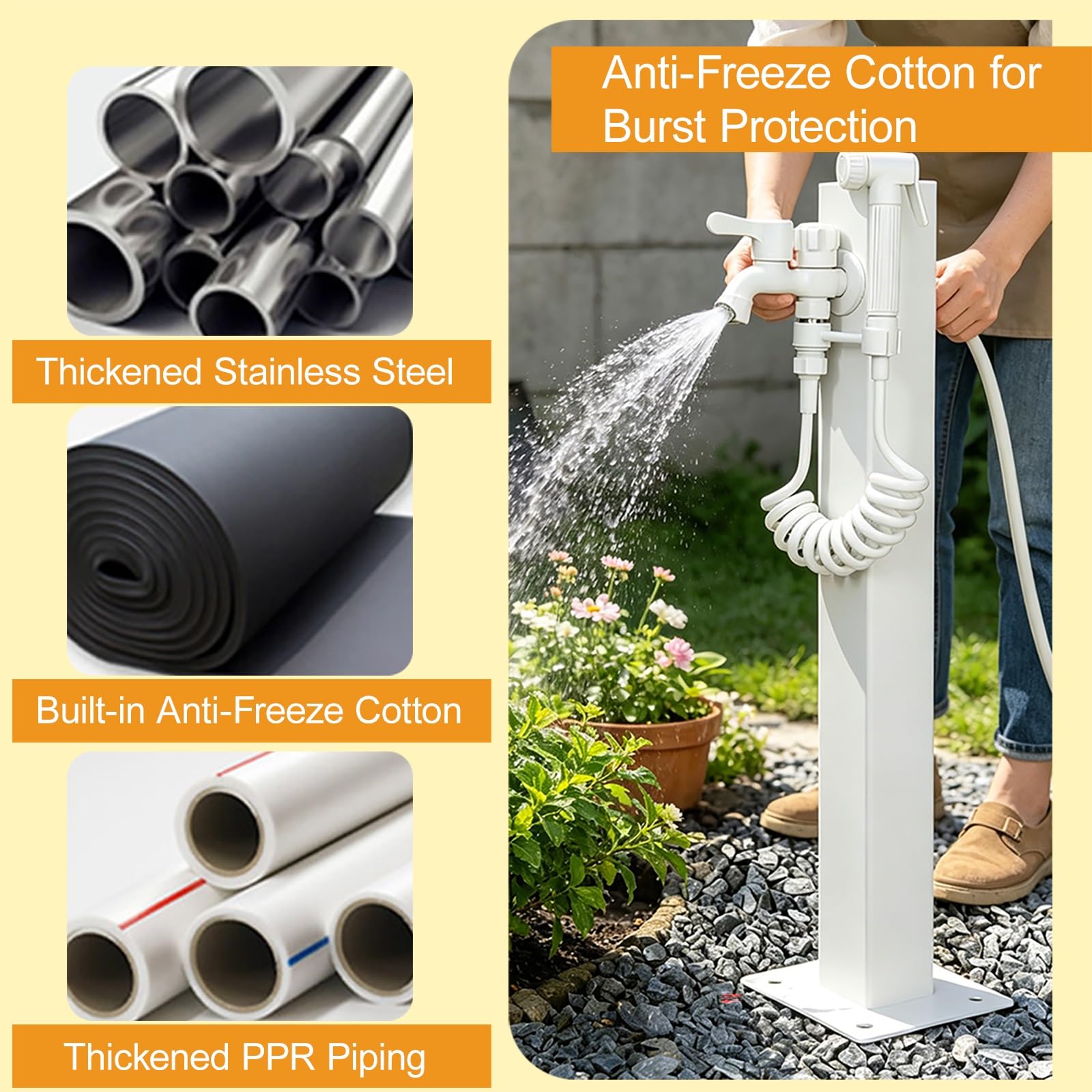 Columna de Agua Cuadrada Independiente para jardín Vertical Exterior con Soporte para Manguera Grifo 2 en 1 y Pistola rociadora Fuente de Agua Decorativa para riego (6 * 6 * 60 cm / 2 4 * 2 4 * 23 6