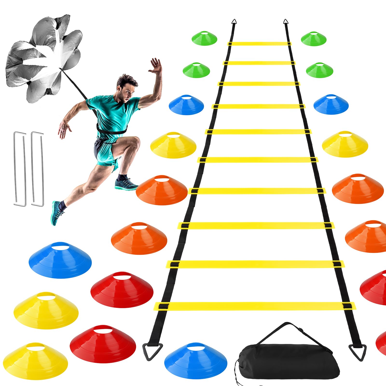 Kit Entrenamiento de Fútbol, 6M Agility Speed Ladder, 20 Conos de Entrenamiento, Paracaidas Correr, Idea de Entrenamiento de Fútbol Accesorios para Niños y Adultos