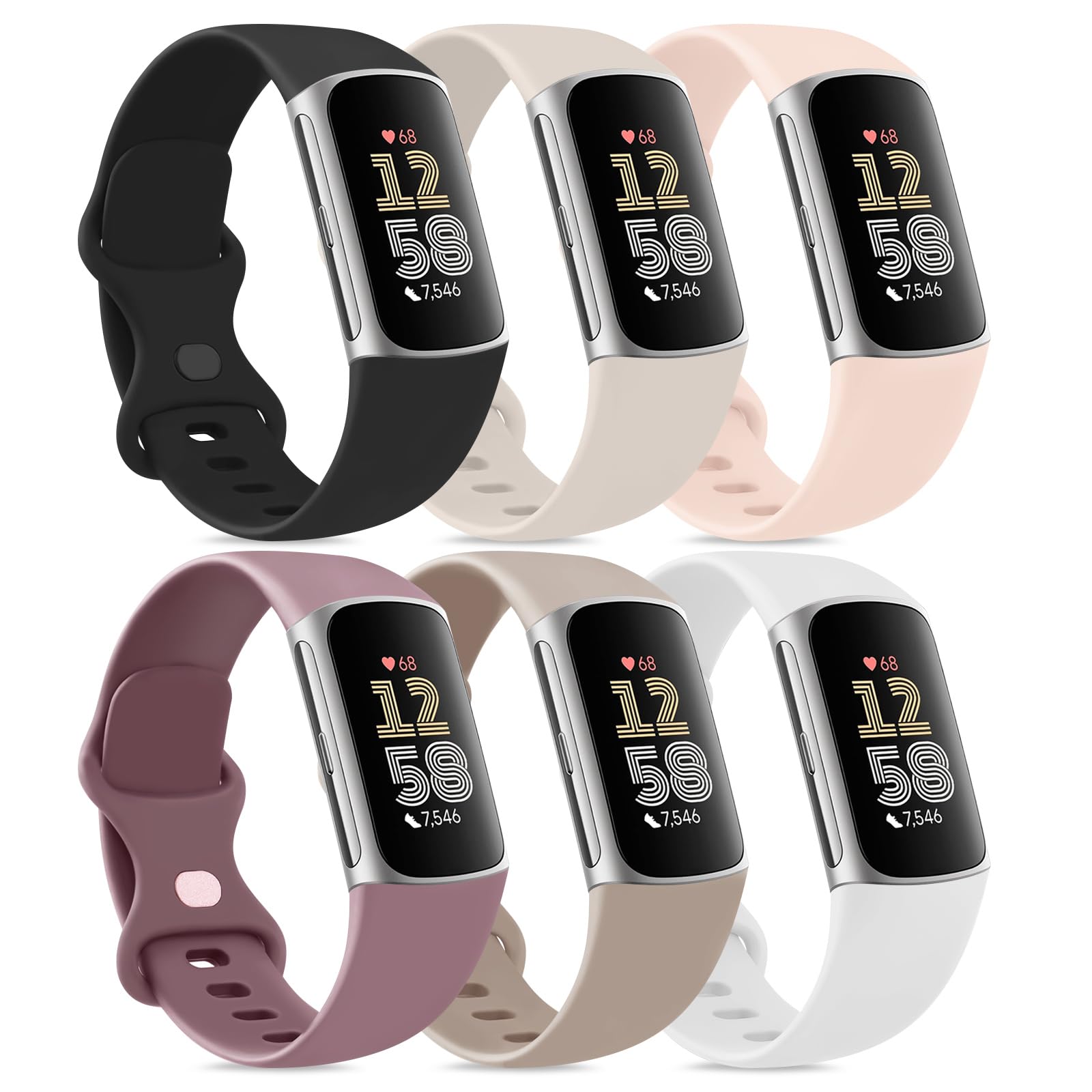 Mugust Pack 6 Strap for Fitbit Charge 6/5 - Silicone Sport Classic Soft Replacement Band Compatible With Fitbit Charge 6/5 for Women Men (Pack C, Small)