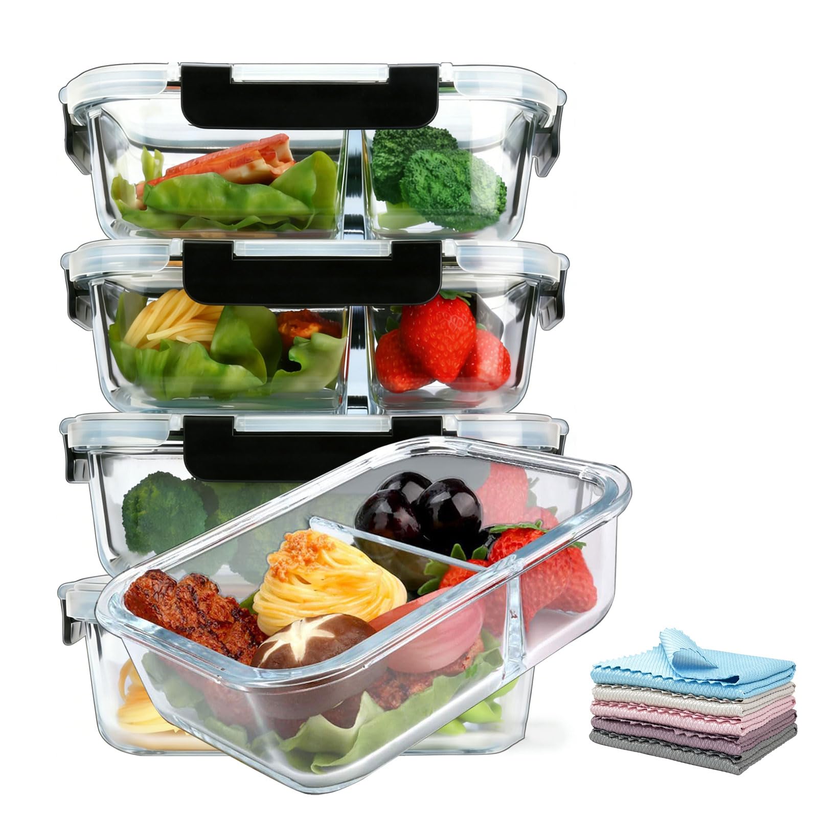 Generico Contenitori Ermetici per Alimenti in Vetro con Coperchi Silicone – Set 5 Pezzi, Ideali per Frigo Freezer Microonde Forno e Meal Prep,Nero,10 PCS B