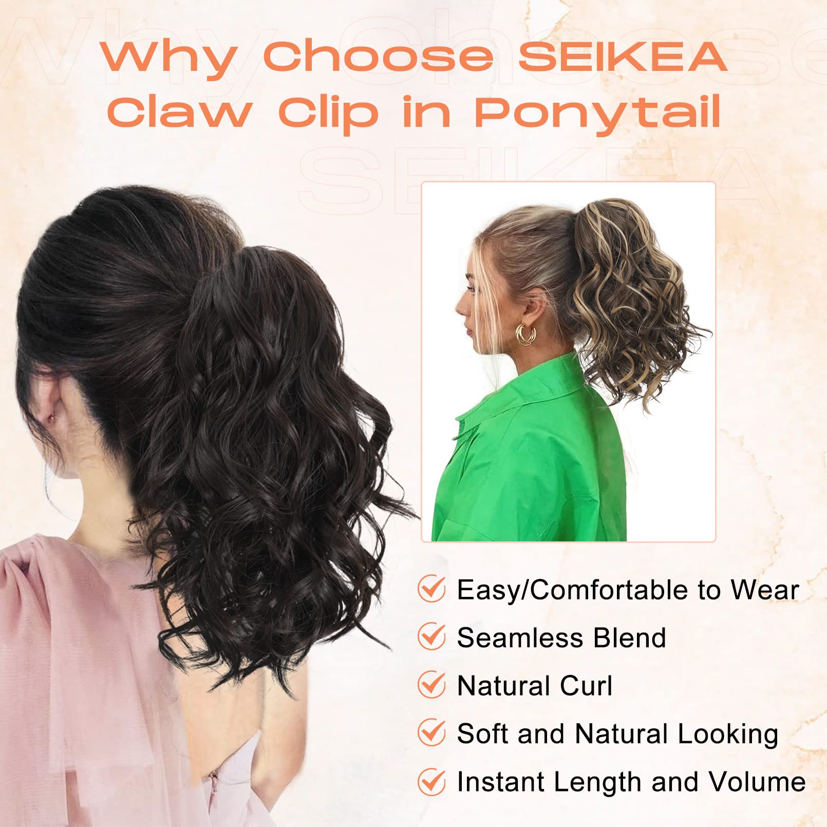 SEIKEA 10" Short Claw Highlight Ponytail Extension Wavy Curly Thick Jaw Clip in Hair Extensions Ponytail Soft Natural Looking Synthetic Hairpiece for Women Dark Ash Brown with Warm Platinum Blonde Highlights